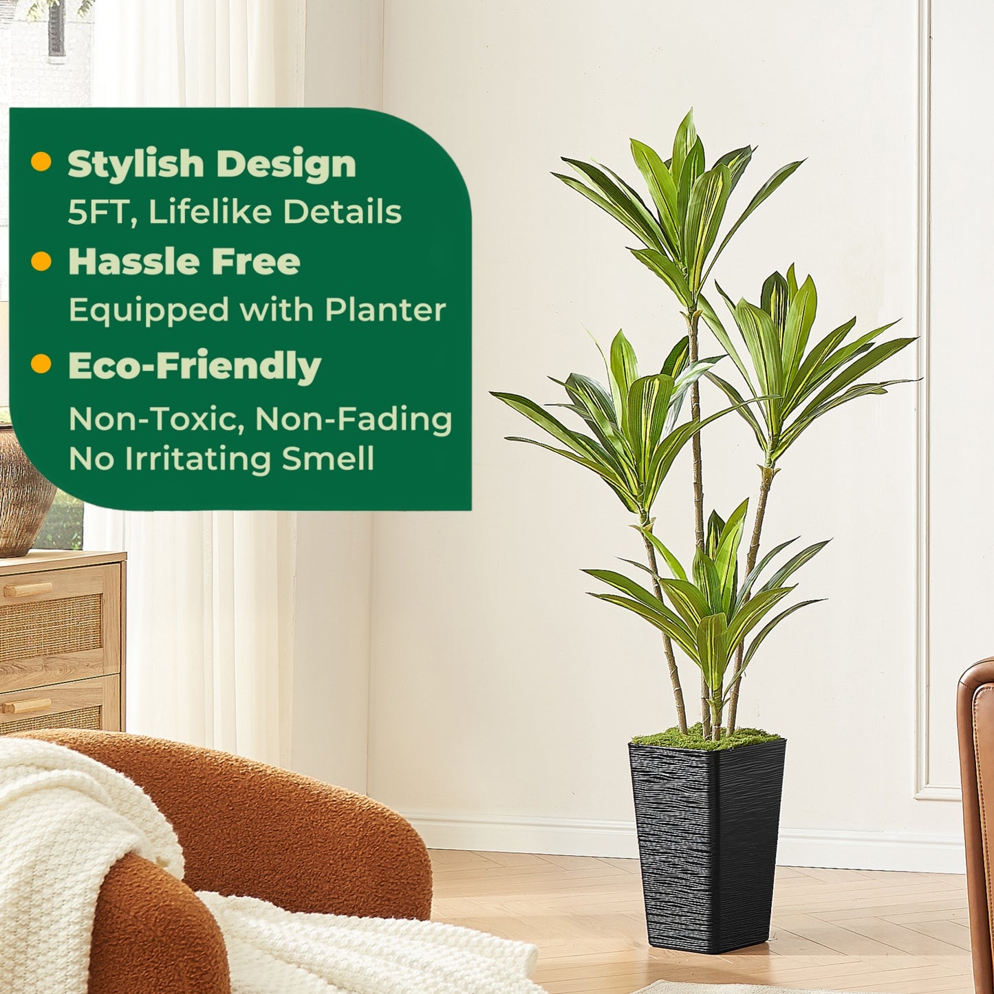 5FT Artificial Dracaena Tree with Black Planter - Real Touch Fake Plant for Home & Office Decor, Faux Yucca Indoor Floor Tree