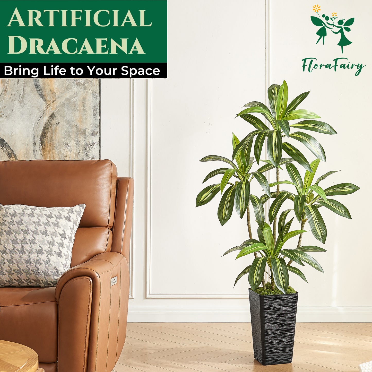 5FT Artificial Dracaena Tree with Black Planter - Real Touch Fake Plant for Home & Office Decor, Faux Yucca Indoor Floor Tree