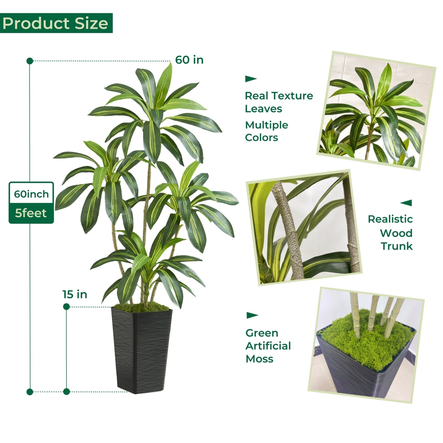 5FT Artificial Dracaena Tree with Black Planter - Real Touch Fake Plant for Home & Office Decor, Faux Yucca Indoor Floor Tree