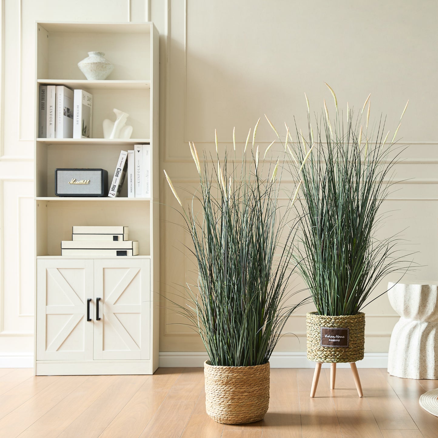 FloraFairy Faux 4ft 2-Pack Horsetail Reed Grass with Pink Spikes, 48in Tall Potted Fake Grass, Set of 2