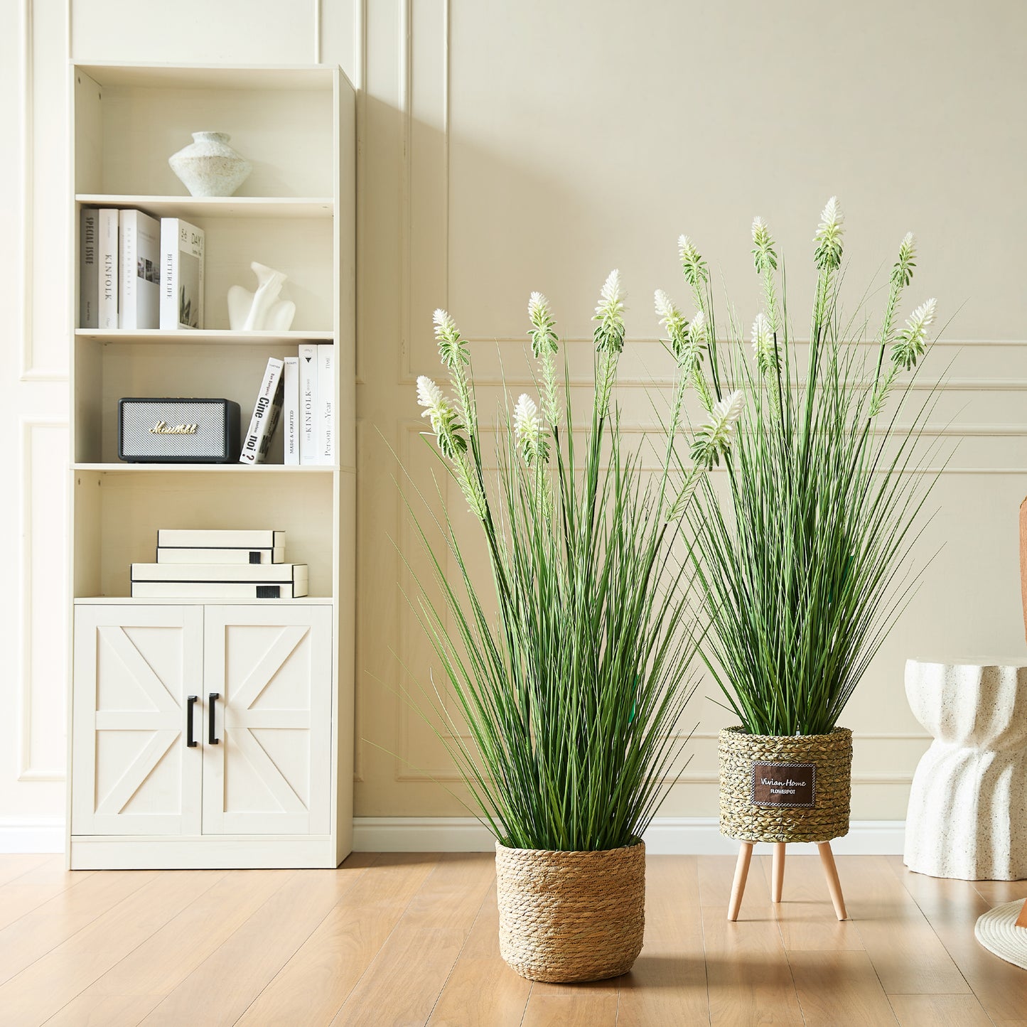 FloraFairy 4ft Faux Horsetail Reed Grass with White Cockscomb Flower, Set of 2, 48in Tall Indoor Outdoor Green Onions Fake Plants in Pot