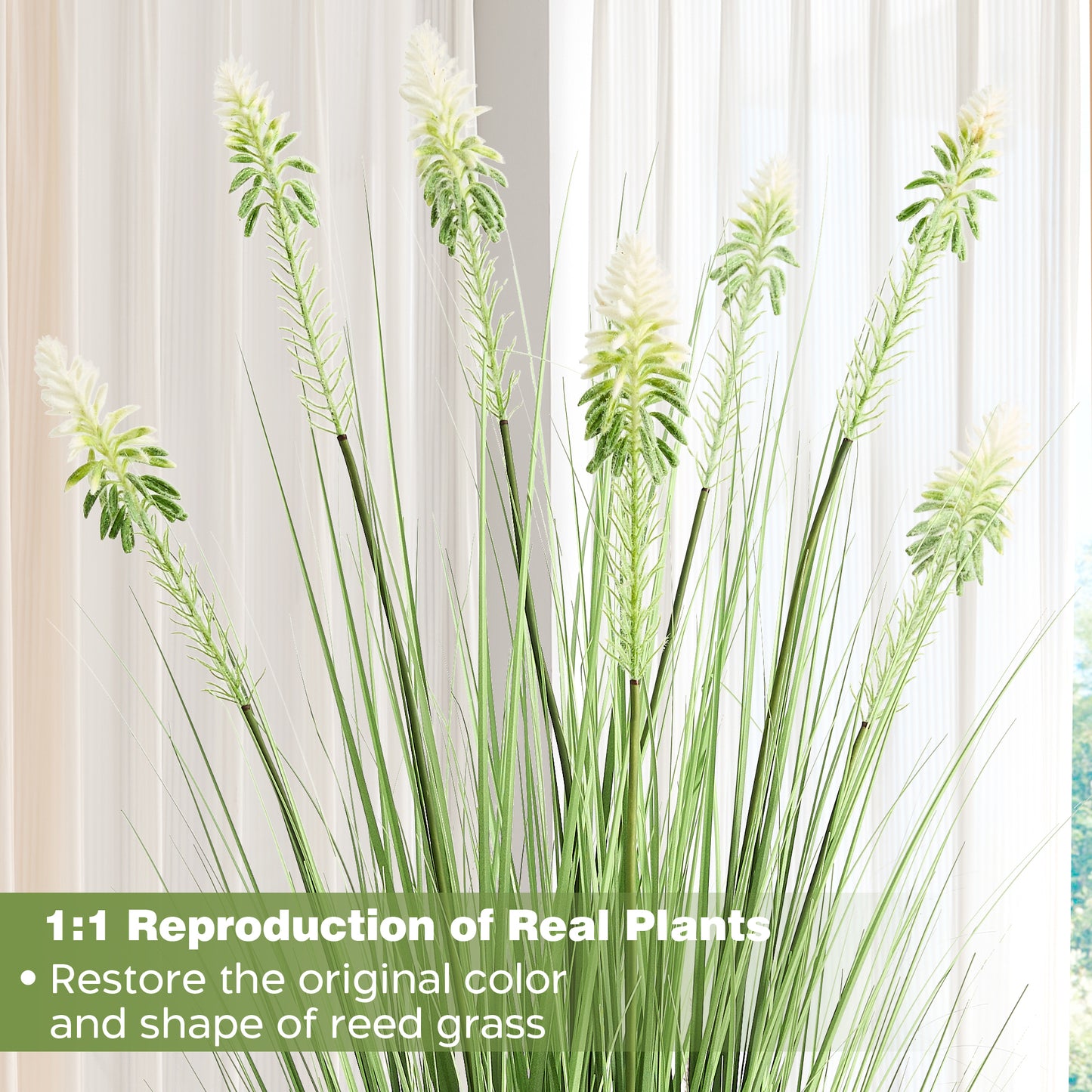 FloraFairy 4ft Faux Horsetail Reed Grass with White Cockscomb Flower, Set of 2, 48in Tall Indoor Outdoor Green Onions Fake Plants in Pot