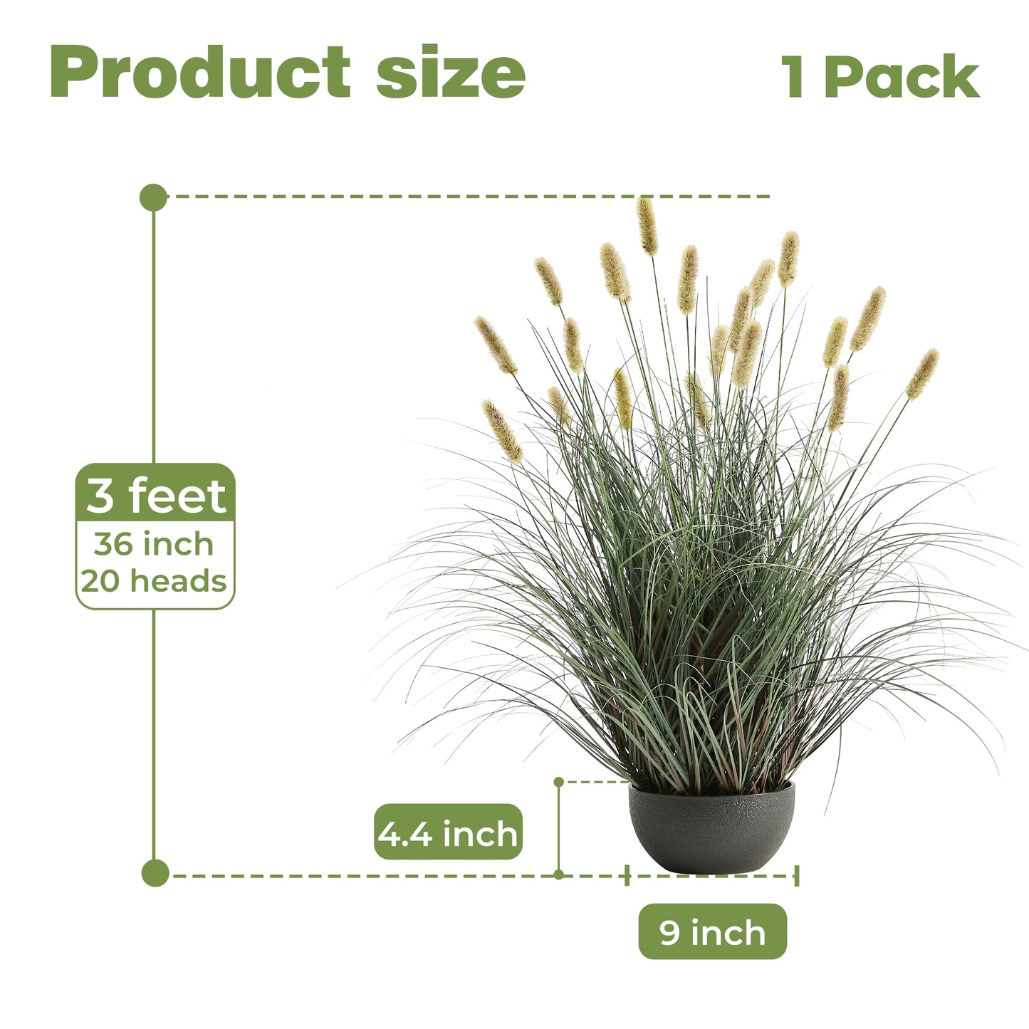 FloraFairy 3ft Onion Grass, Artificial Plant and Greenery, Fake Floor Plants Indoor Outdoor, Potted Faux Green Bristlegrass with Yellow Spikes, Horsetail Reed Grass, House Decorative