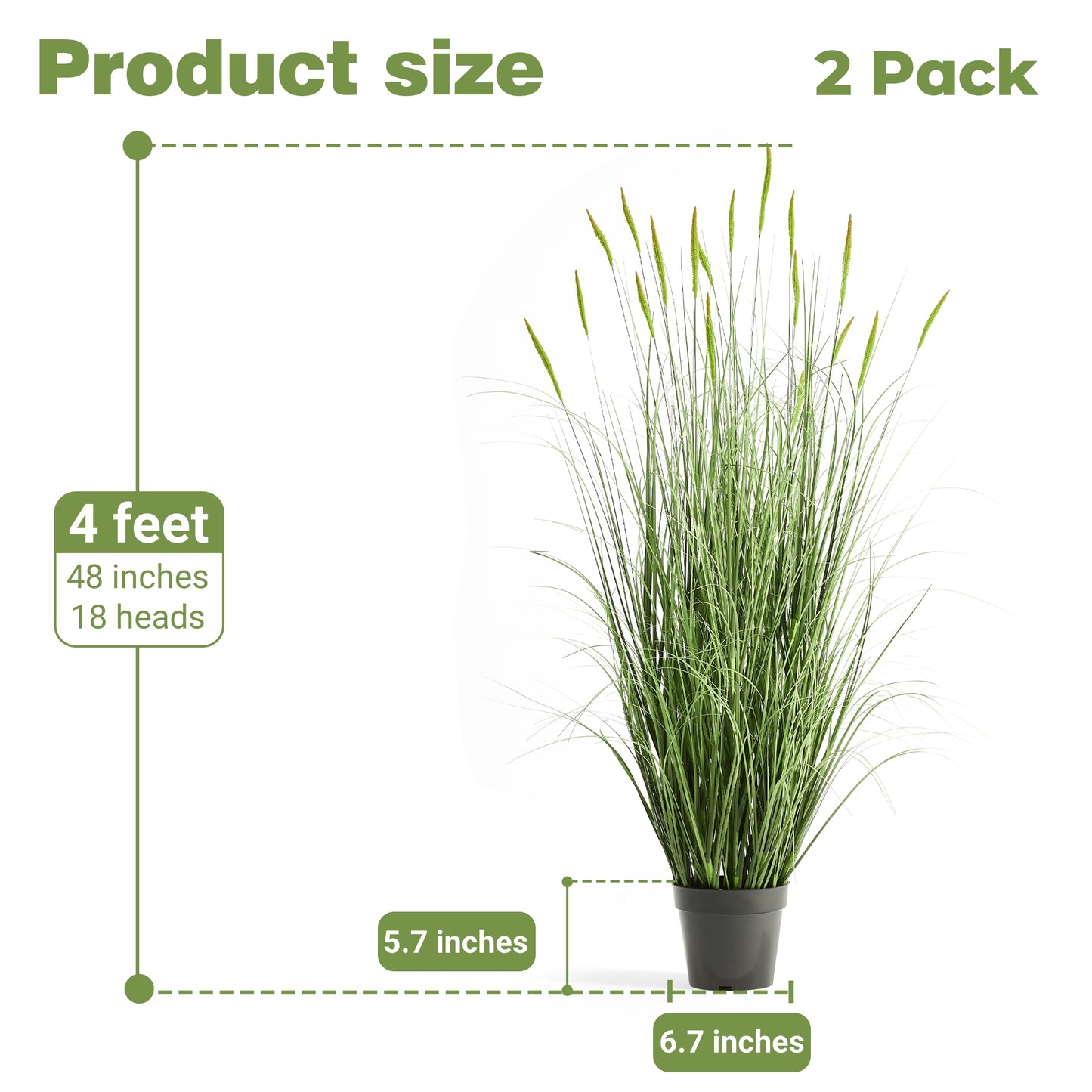 FloraFairy Faux 4ft 2-Pack Horsetail Reed Grass with Green Seed Heads, 48in Tall Fake Grass in Pot for Home Office Decor