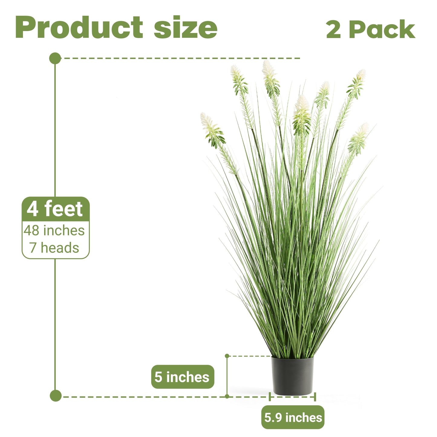FloraFairy 4ft Faux Horsetail Reed Grass with White Cockscomb Flower, Set of 2, 48in Tall Indoor Outdoor Green Onions Fake Plants in Pot