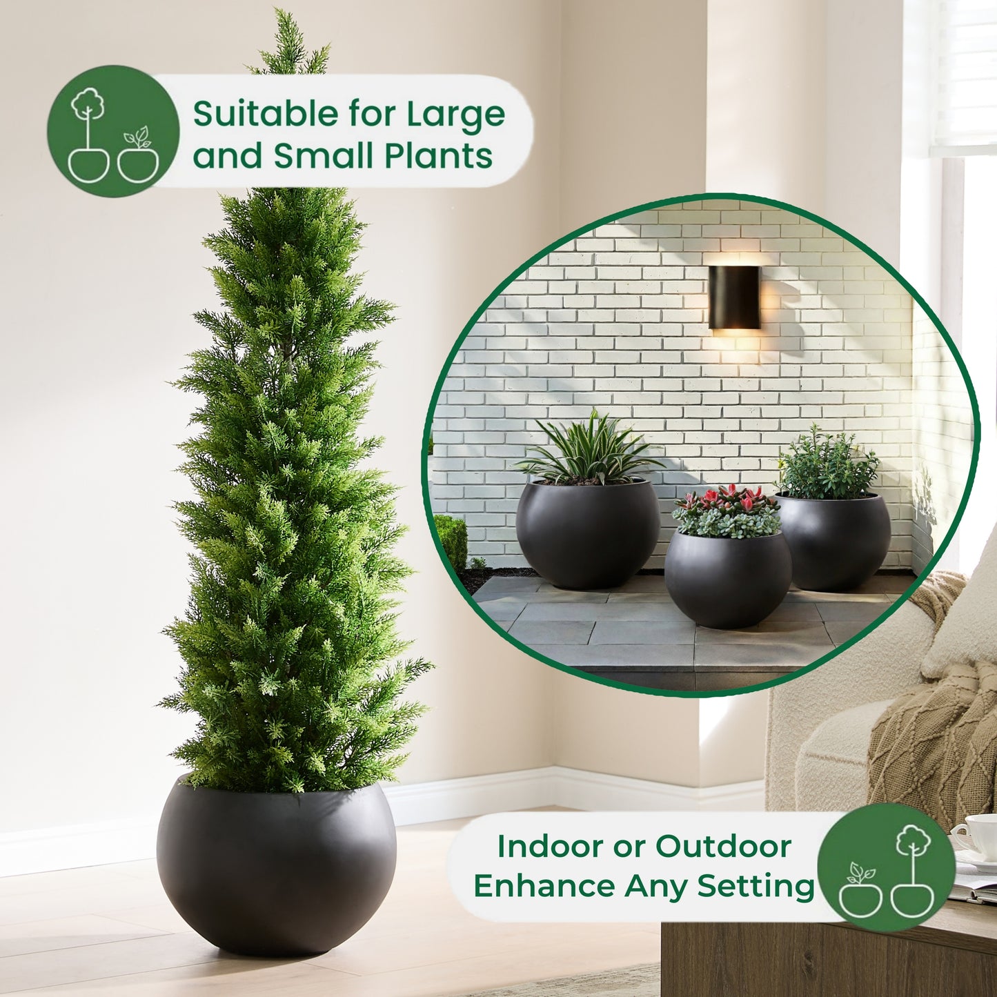 15.8" D x 10.9" H Fiberstone Sphere Planter, Black, 11.8" Pot Opening, Ball Shape Flower Pot with Drainage Hole, Weather Resistance Indoor/Outdoor Planters