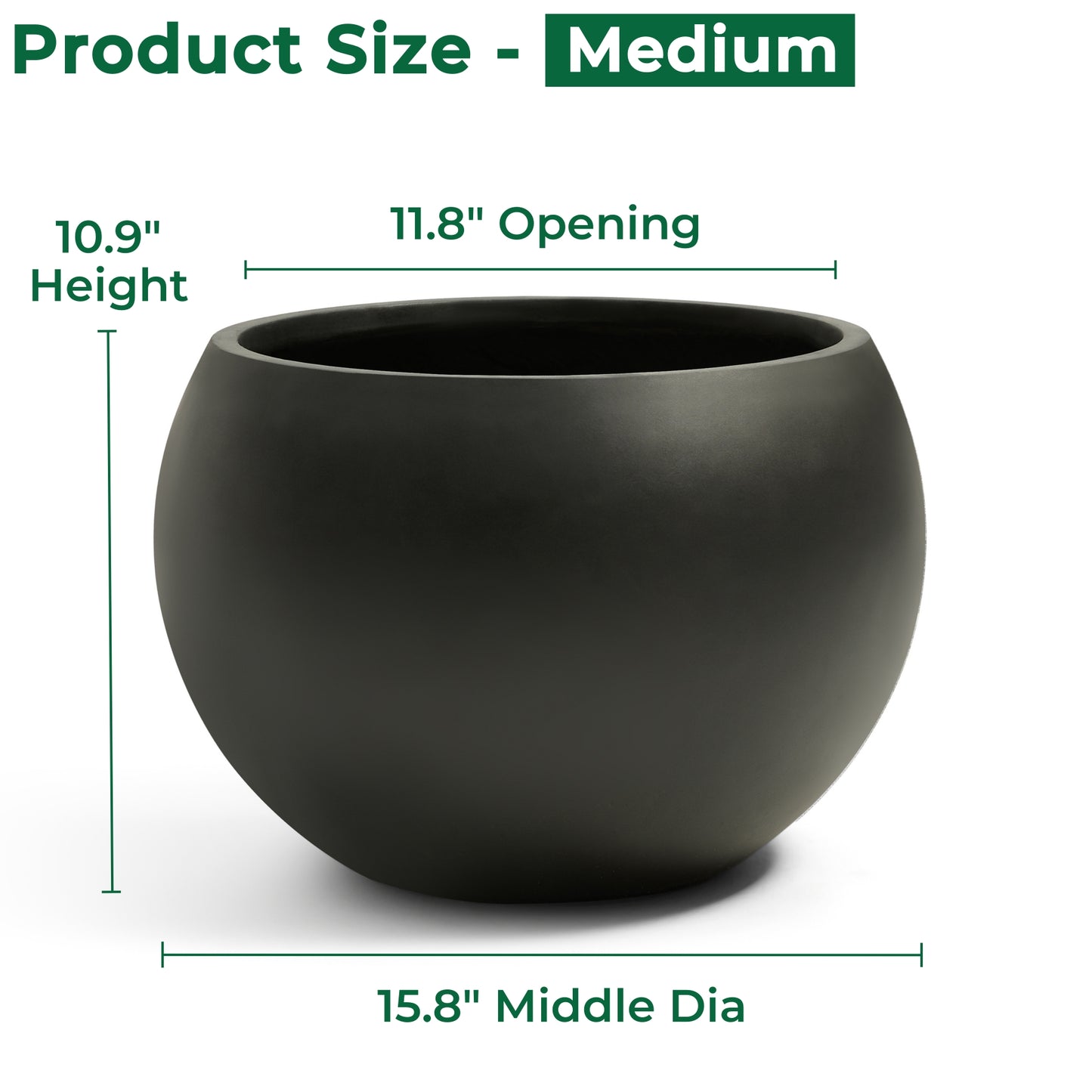 15.8" D x 10.9" H Fiberstone Sphere Planter, Black, 11.8" Pot Opening, Ball Shape Flower Pot with Drainage Hole, Weather Resistance Indoor/Outdoor Planters