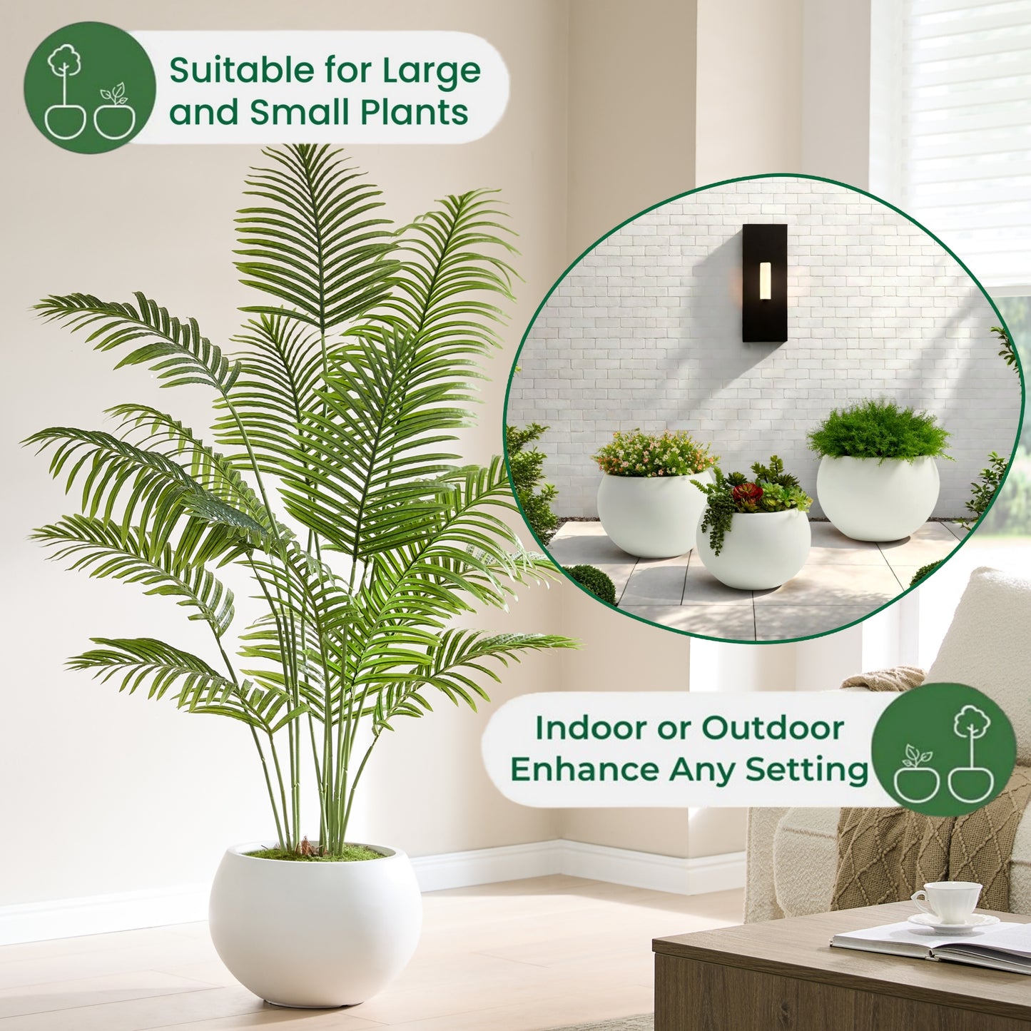 15.8" D x 10.9" H Fiberstone Sphere Planter, White, 11.8" Pot Opening, Ball Shape Flower Pot with Drainage Hole, Weather Resistance Indoor Outdoor Use