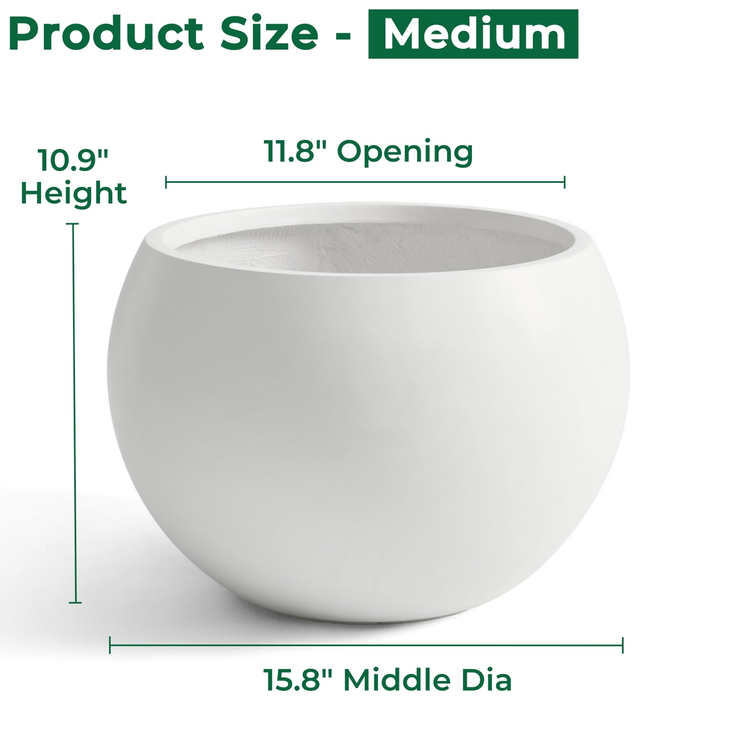 15.8" D x 10.9" H Fiberstone Sphere Planter, White, 11.8" Pot Opening, Ball Shape Flower Pot with Drainage Hole, Weather Resistance Indoor Outdoor Use