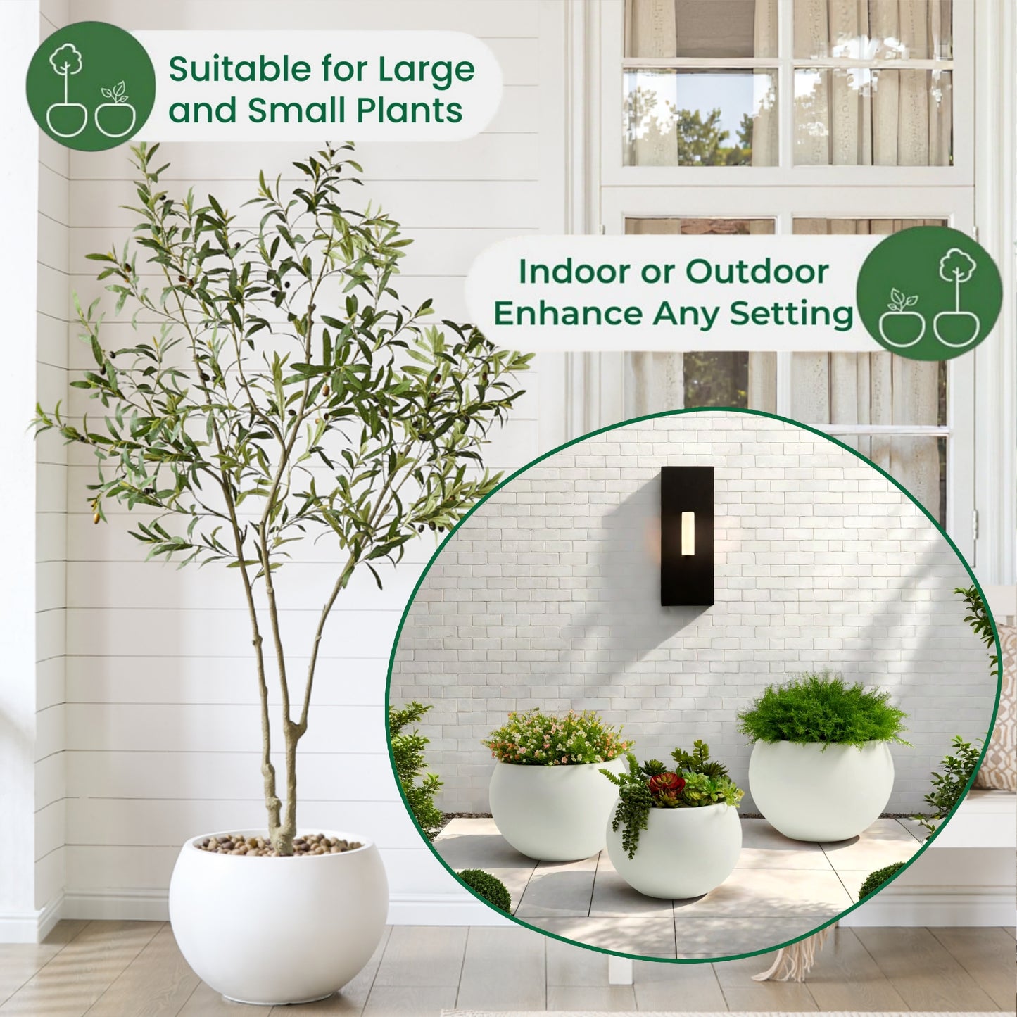 19.3" D x 13" H Fiberstone Large Size Planter, White, 15" Pot Opening, Sphere Flower Pots with Drainage Hole, Weather Resistance Indoor/Outdoor Planters for Tree or Flowers