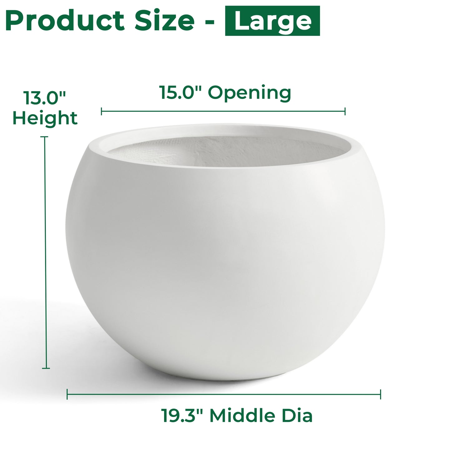 19.3" D x 13" H Fiberstone Large Size Planter, White, 15" Pot Opening, Sphere Flower Pots with Drainage Hole, Weather Resistance Indoor/Outdoor Planters for Tree or Flowers