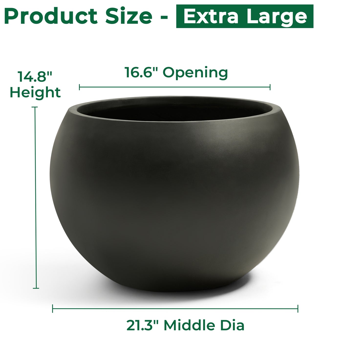 21.3" D x 14.8" H Fiberstone Extra Large Planter, Black, 16.6" Pot Opening, Sphere Flower Pot with Drainage Hole, Weather Resistance Indoor/Outdoor Planters
