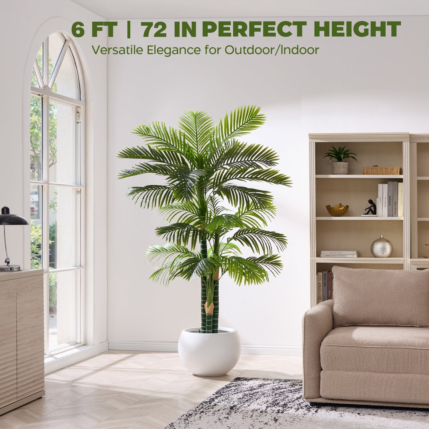 6FT Artificial Golden Cane Palm Tree, UV Resistant Fake Plant for Indoor Outdoor, 3-Trunk Faux Tree in Cement Pot for Patio, Living Room, Office Tropical Decor