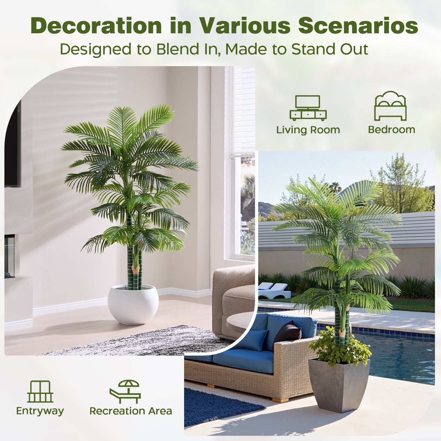6FT Artificial Golden Cane Palm Tree, UV Resistant Fake Plant for Indoor Outdoor, 3-Trunk Faux Tree in Cement Pot for Patio, Living Room, Office Tropical Decor