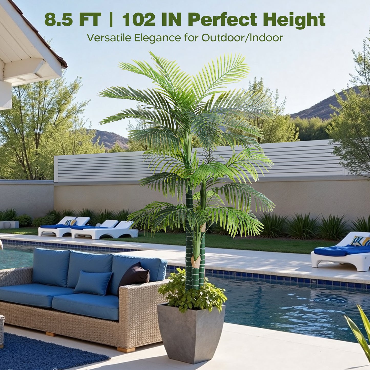 8.5FT Artificial Golden Cane Palm Tree, UV Resistant Fake Plant for Indoor Outdoor, 4-Trunk Faux Tree in Cement Pot for Patio, Living Room, Office Tropical Decor