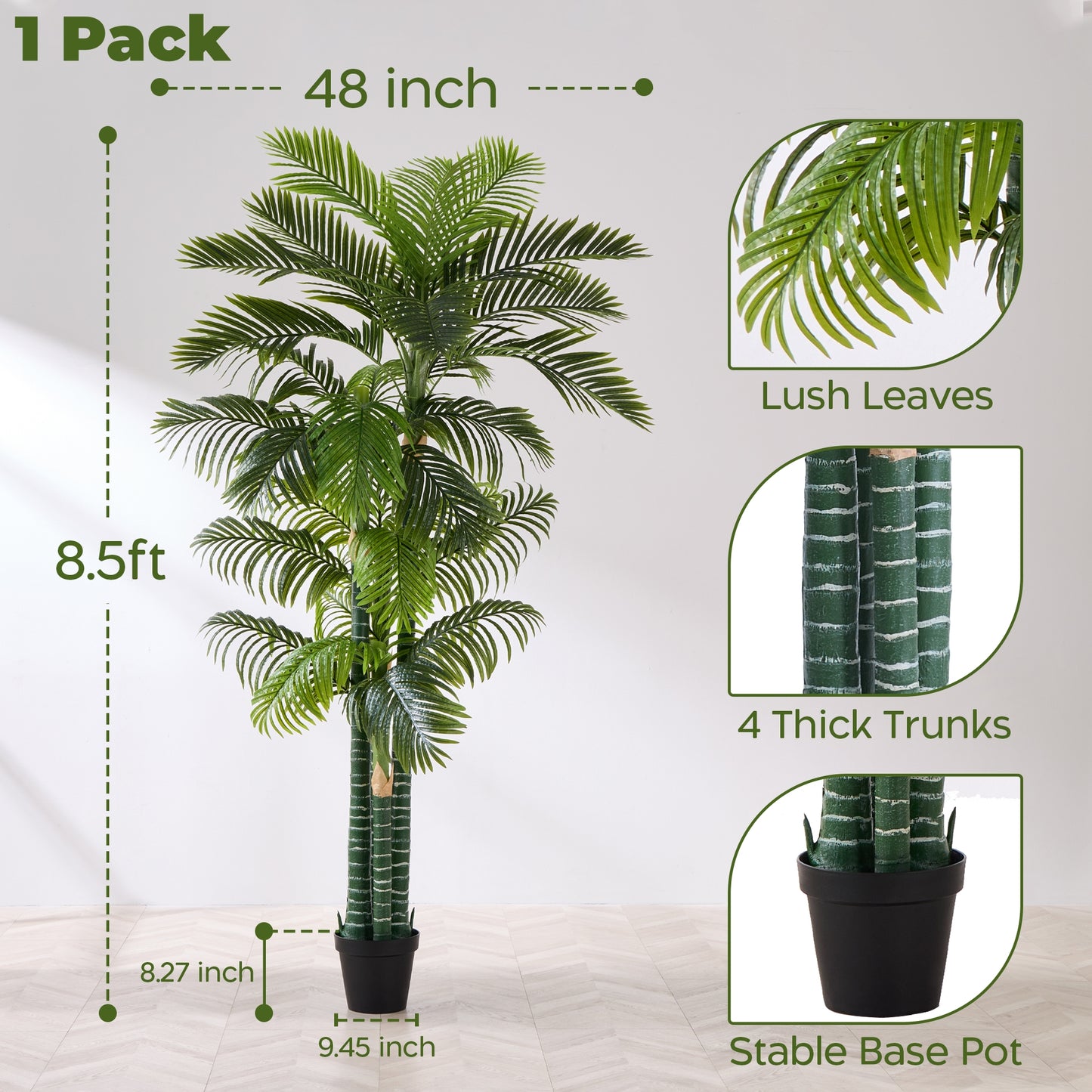 8.5FT Artificial Golden Cane Palm Tree, UV Resistant Fake Plant for Indoor Outdoor, 4-Trunk Faux Tree in Cement Pot for Patio, Living Room, Office Tropical Decor