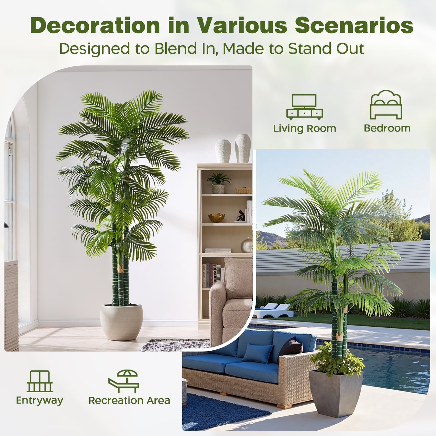 8.5FT Artificial Golden Cane Palm Tree, UV Resistant Fake Plant for Indoor Outdoor, 4-Trunk Faux Tree in Cement Pot for Patio, Living Room, Office Tropical Decor