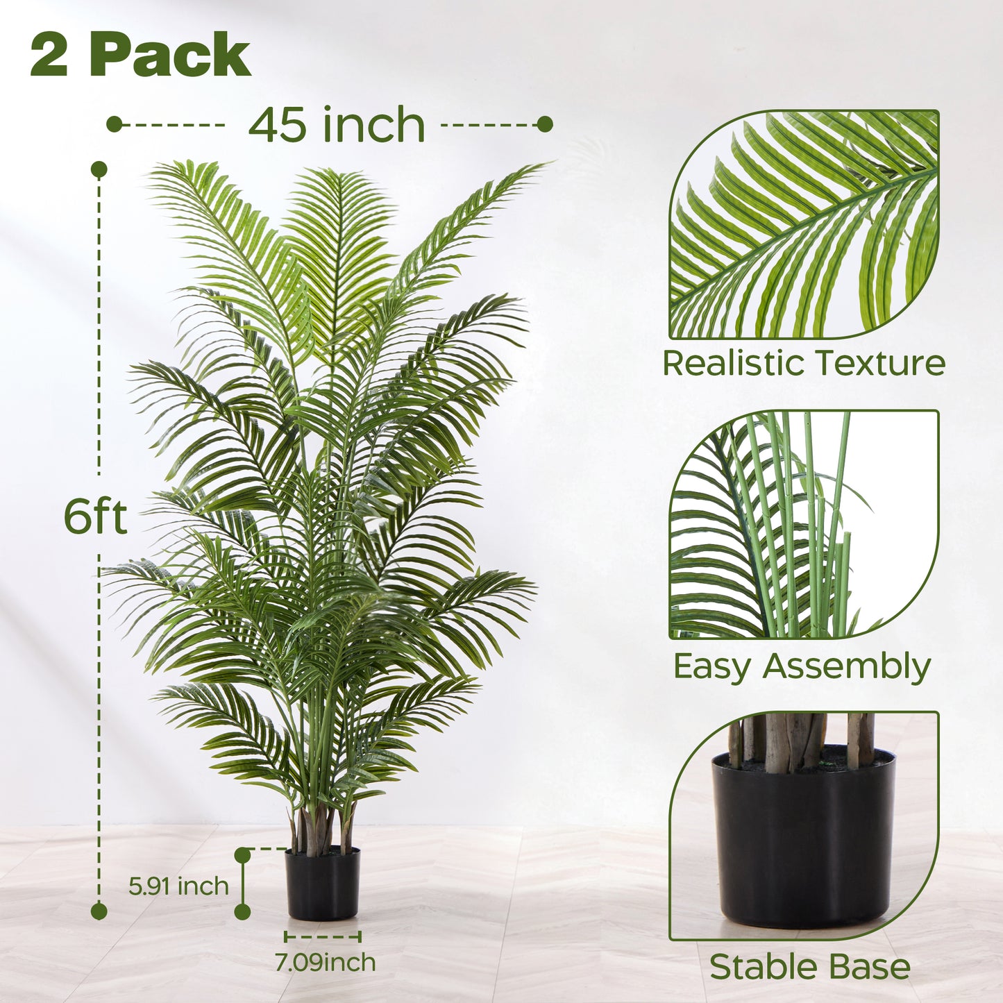 6ft Tall Artificial Areca Palm Tree (2-Pack) - UV Resistant Indoor/Outdoor Fake Potted Plant in Cement Pot, Realistic Tropical Decor for Patio, Living Room, Office