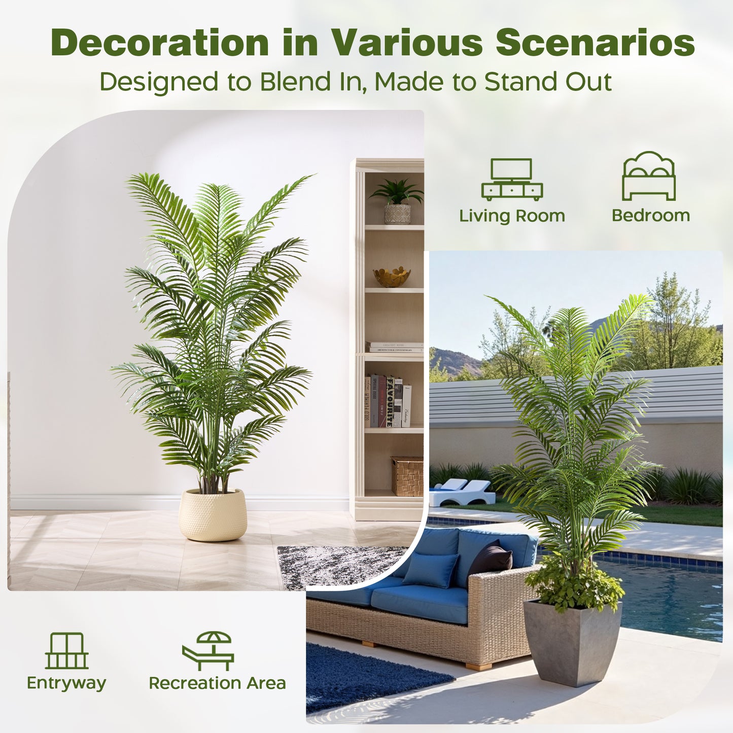 6ft Tall Artificial Areca Palm Tree (2-Pack) - UV Resistant Indoor/Outdoor Fake Potted Plant in Cement Pot, Realistic Tropical Decor for Patio, Living Room, Office