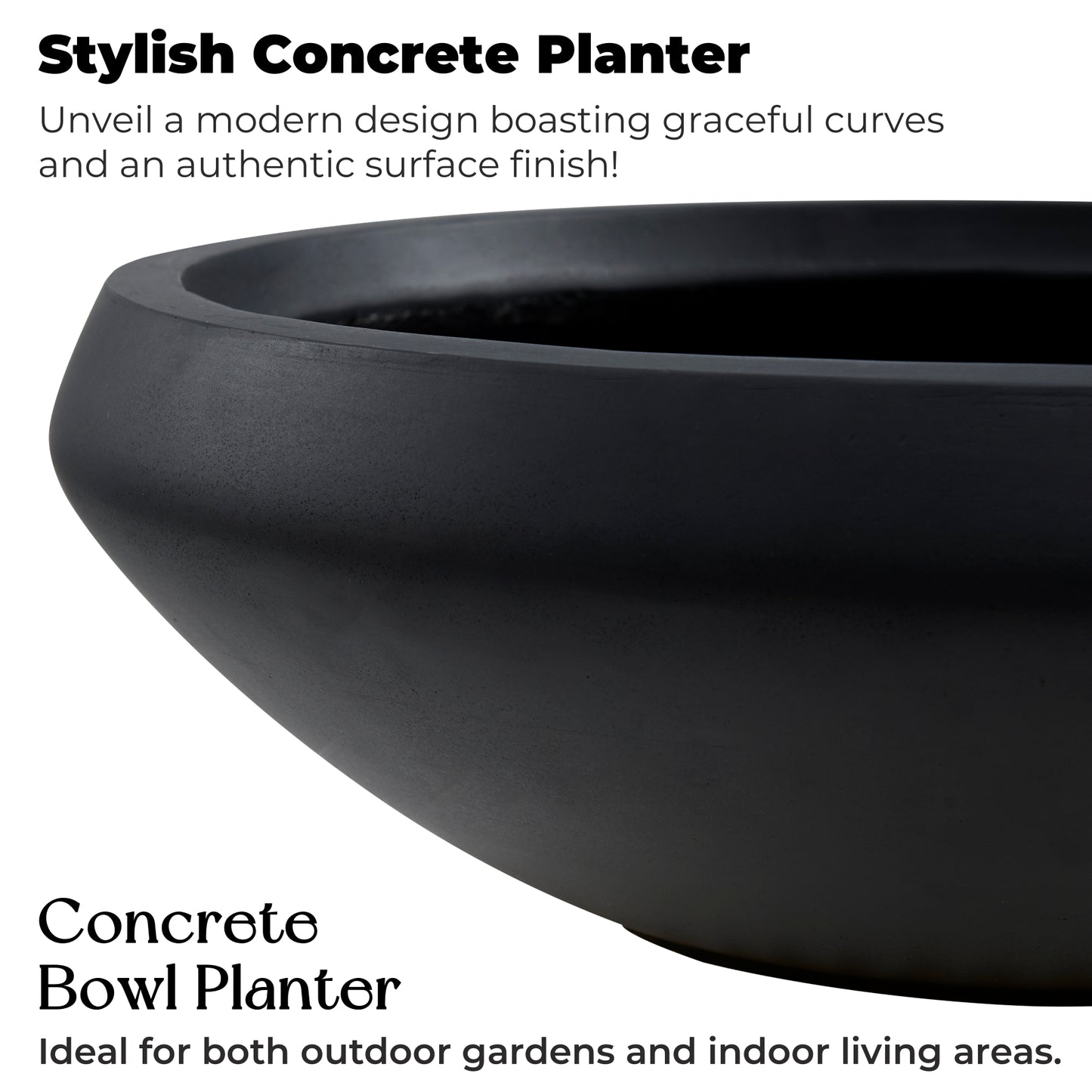 18.9-Inch Concrete Bowl Planter with Drain Hole, Large Outdoor Planters, 16.7-Inch Opening, 6.4-Inch Height