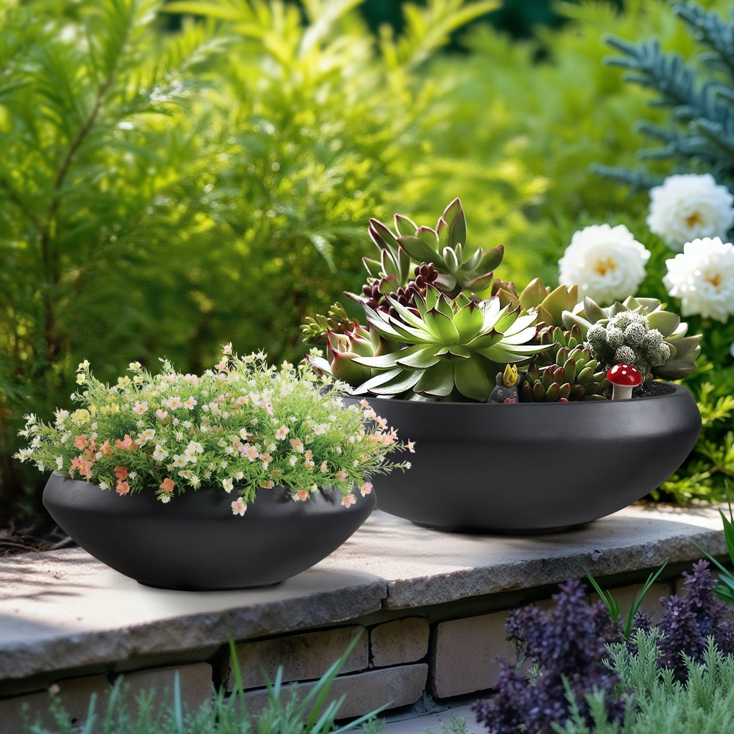 18.9-Inch Concrete Bowl Planter with Drain Hole, Large Outdoor Planters, 16.7-Inch Opening, 6.4-Inch Height