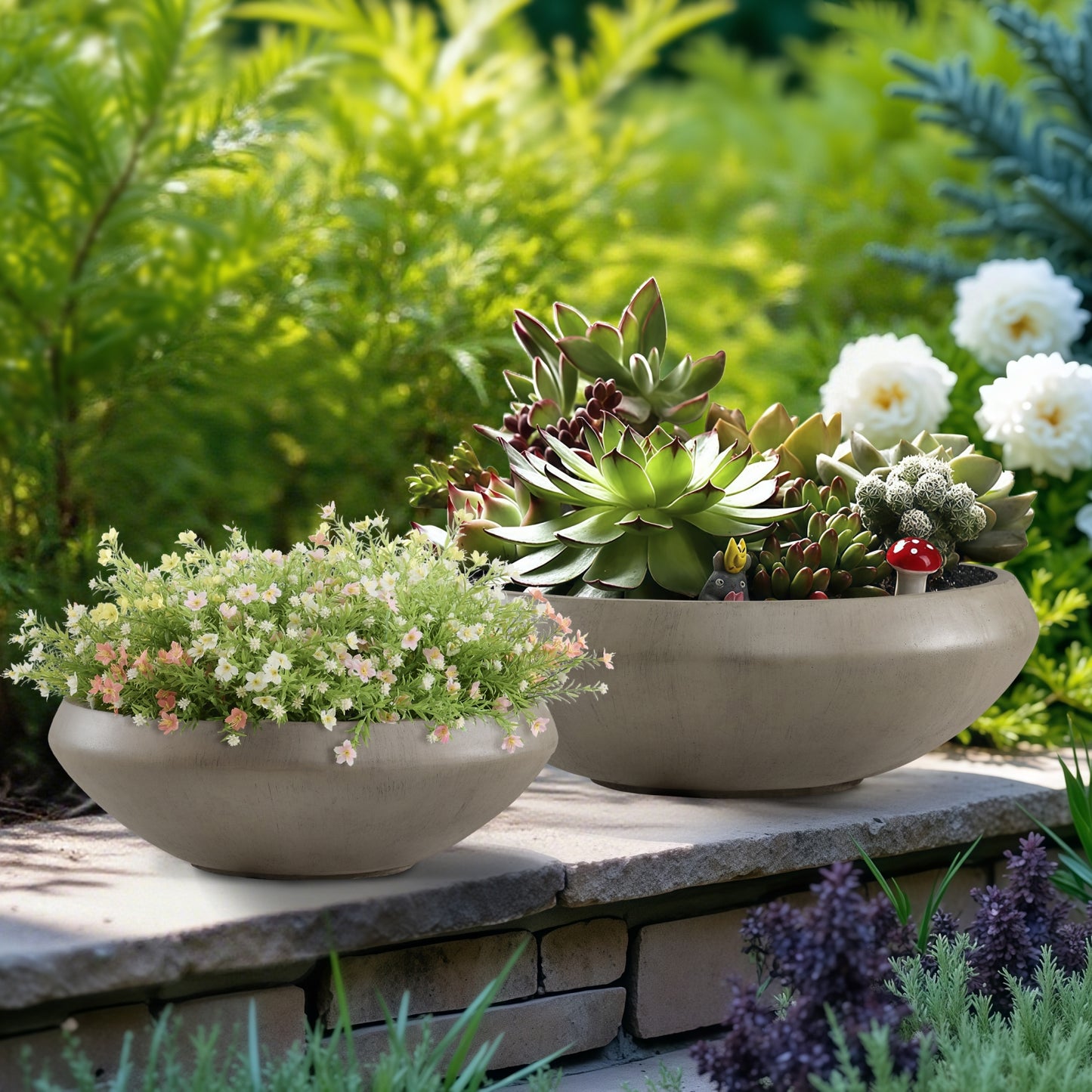 Concrete Bowl Planter, 18.9-Inch Dia with Drain Hole, 6.4-Inch Height Shallow Lotus Planter, 16.7-Inch Opening, Large Outdoor Flowerpot