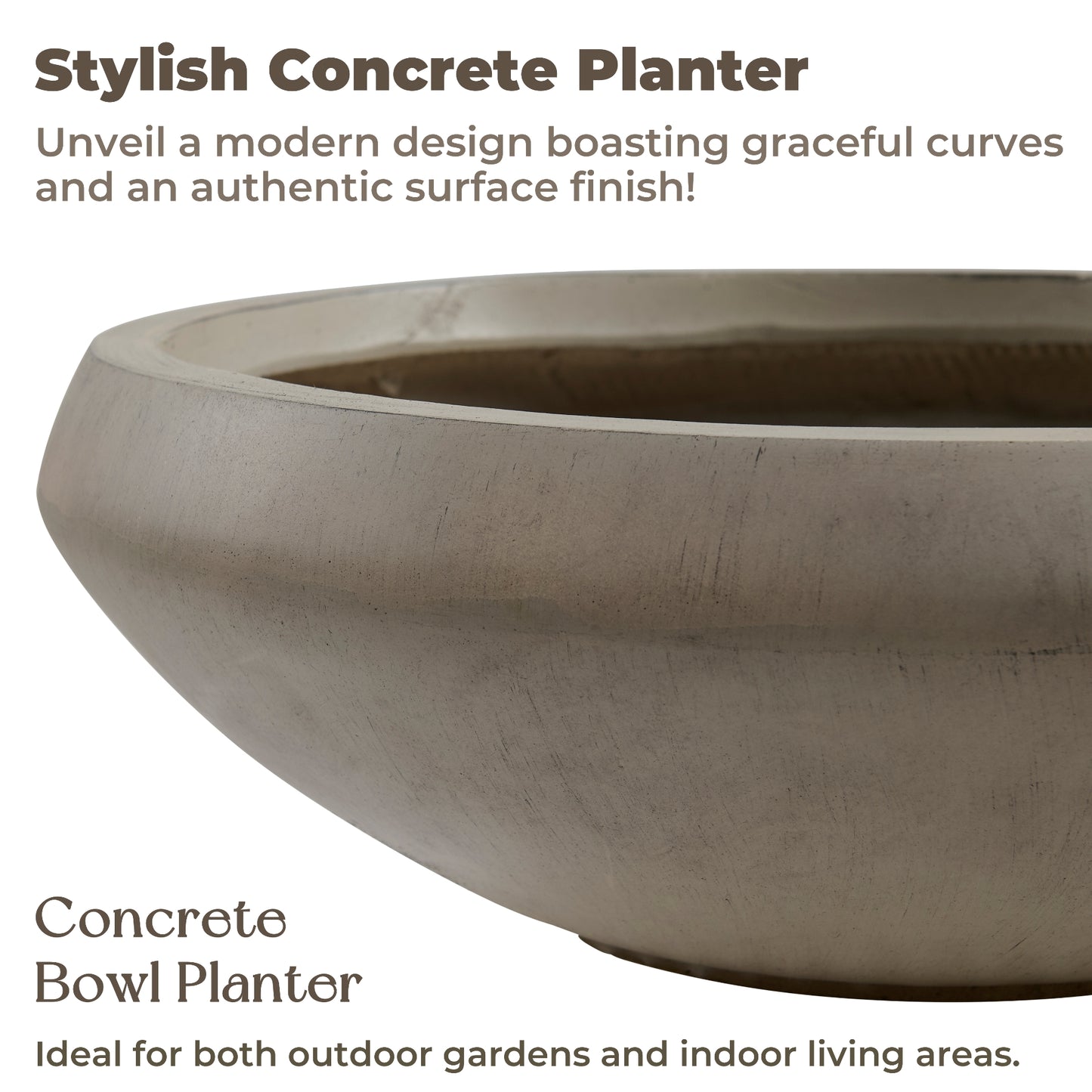 Concrete Bowl Planter, 18.9-Inch Dia with Drain Hole, 6.4-Inch Height Shallow Lotus Planter, 16.7-Inch Opening, Large Outdoor Flowerpot
