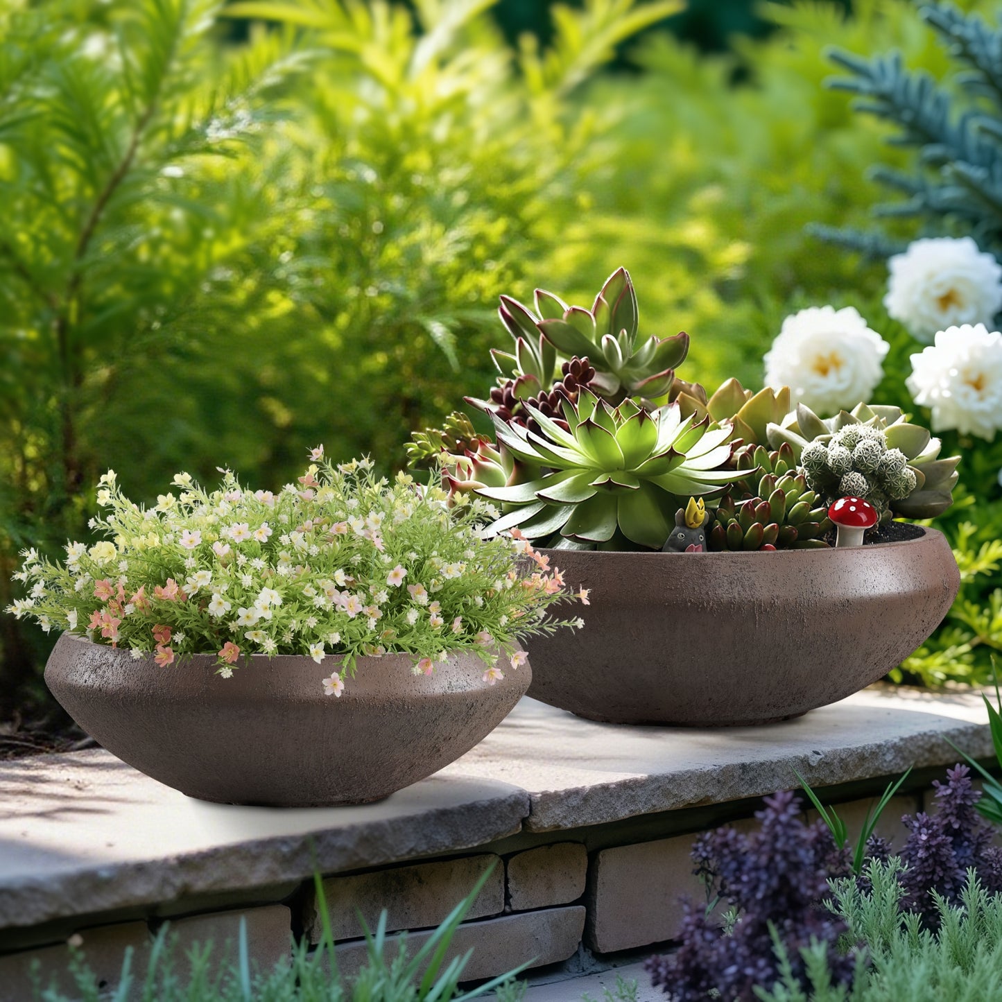 Concrete Bowl Planter, 23.2 Inch Dia x 8 Inch Height, Succulent Pot with Drain Hole, 21-inch Opening Flowerpot for Herbs, Bonsai, and Shallow-root Plants, Large Size, Rust