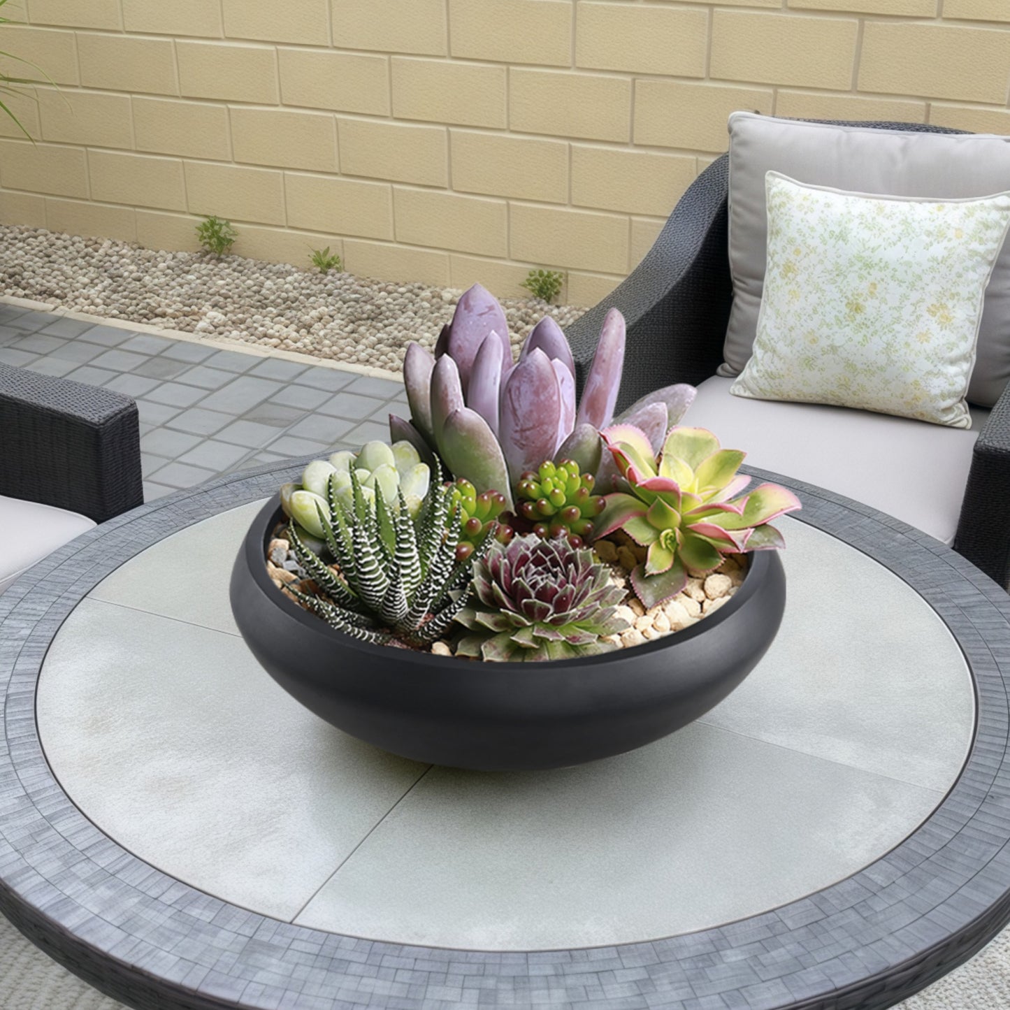 18.9-Inch Concrete Bowl Planter with Drain Hole, Large Outdoor Planters, 16.7-Inch Opening, 6.4-Inch Height