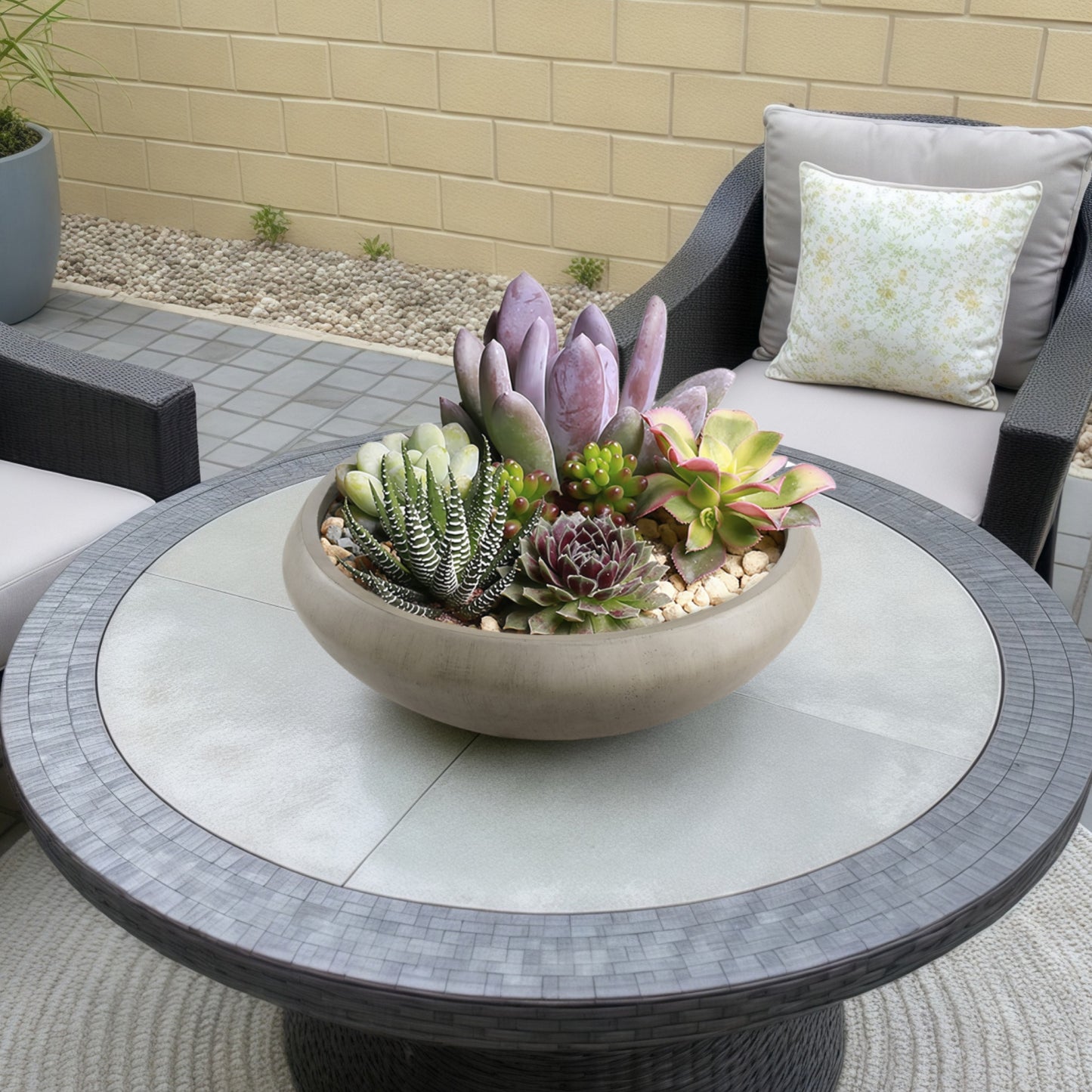 Concrete Bowl Planter, 18.9-Inch Dia with Drain Hole, 6.4-Inch Height Shallow Lotus Planter, 16.7-Inch Opening, Large Outdoor Flowerpot