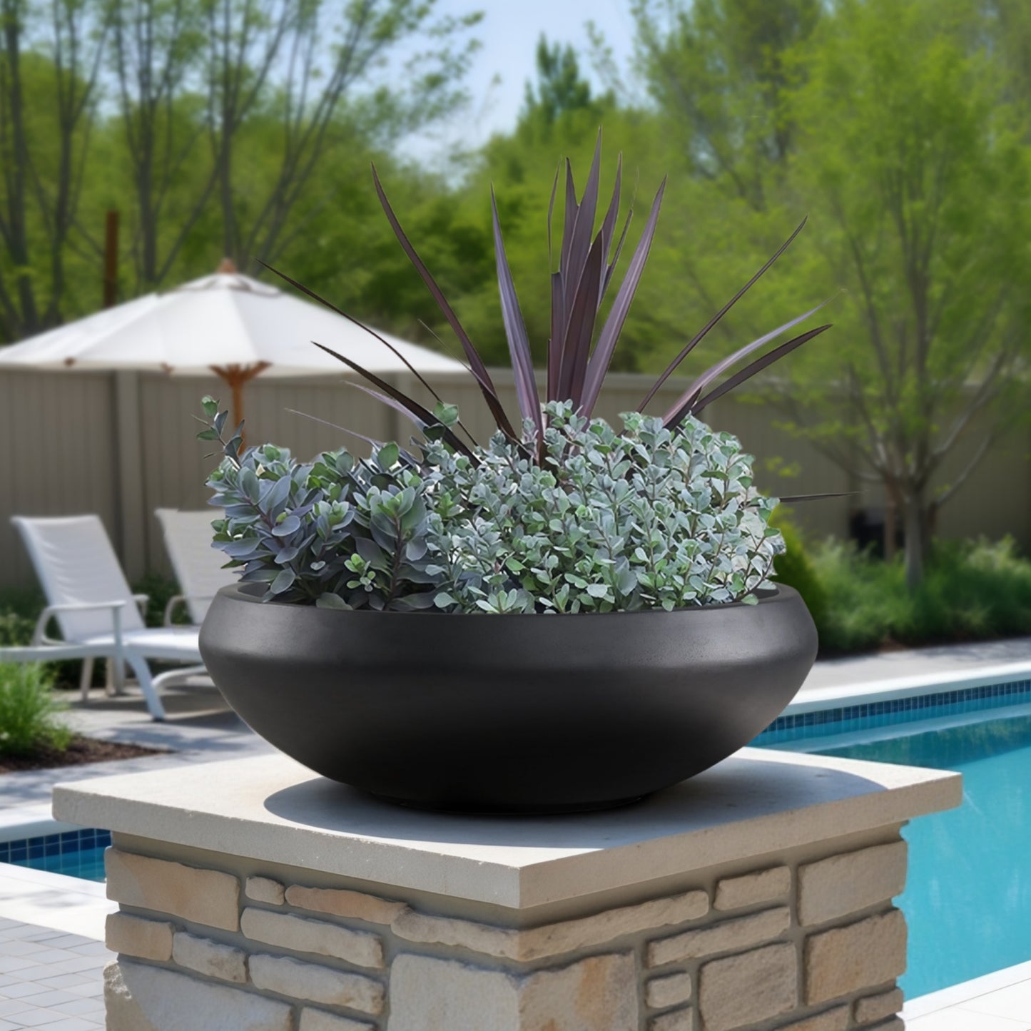 18.9-Inch Concrete Bowl Planter with Drain Hole, Large Outdoor Planters, 16.7-Inch Opening, 6.4-Inch Height