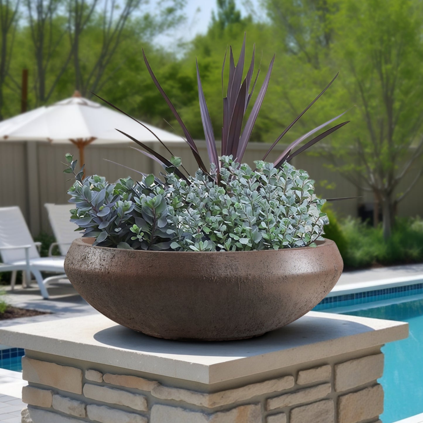 Concrete Bowl Planter, 18.9 Inch Dia Succulent Pot with Drain Hole, Lotus Planter 16.7-inch Opening, 6.4-Inche Height, Medium, Rust