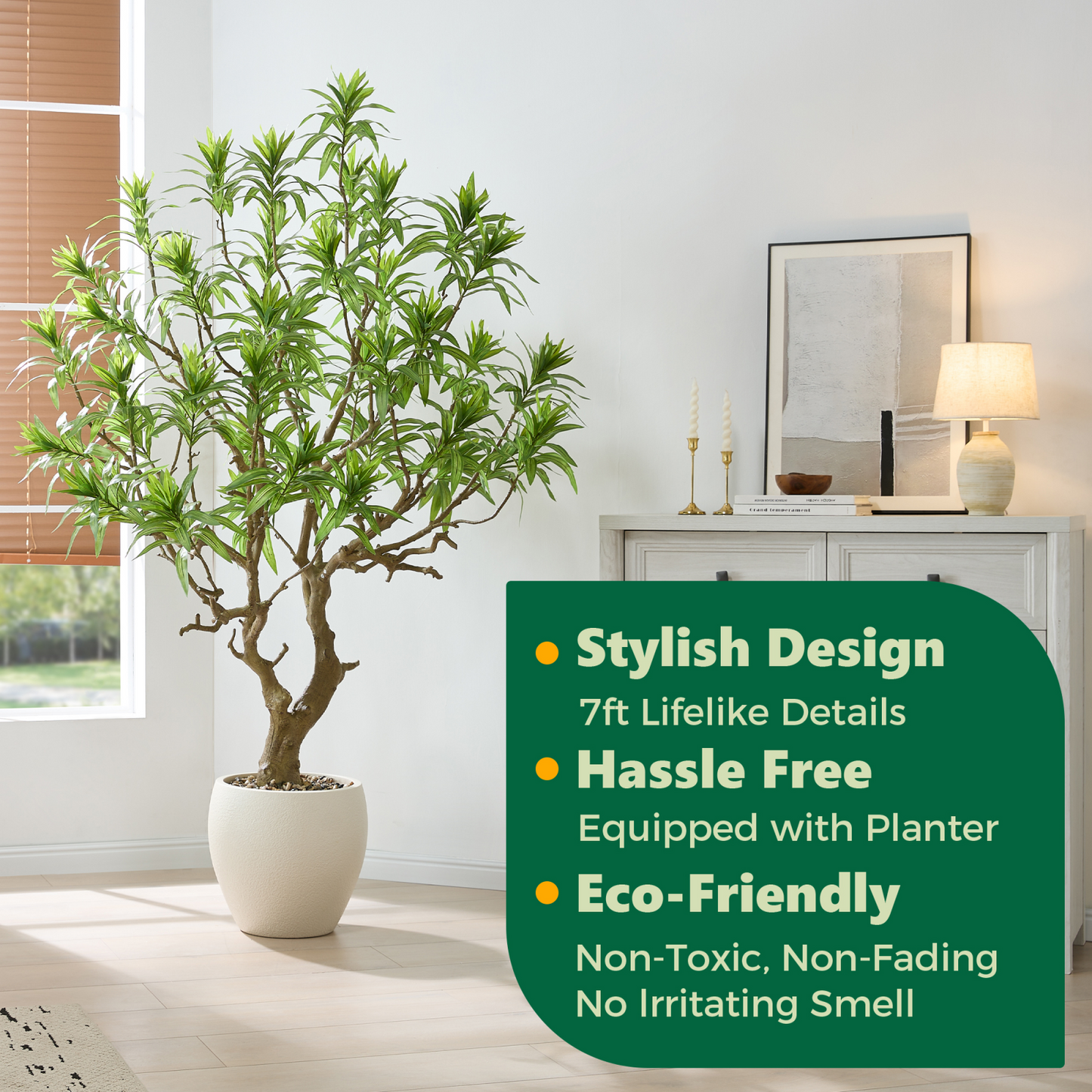 FloraFairy 7ft Artificial Tree, Dracaena Reflexa, Large Indoor Fake Plants, Dracaena Tree with Flowerpot, Tall Fake Trees for Home, Office Décor