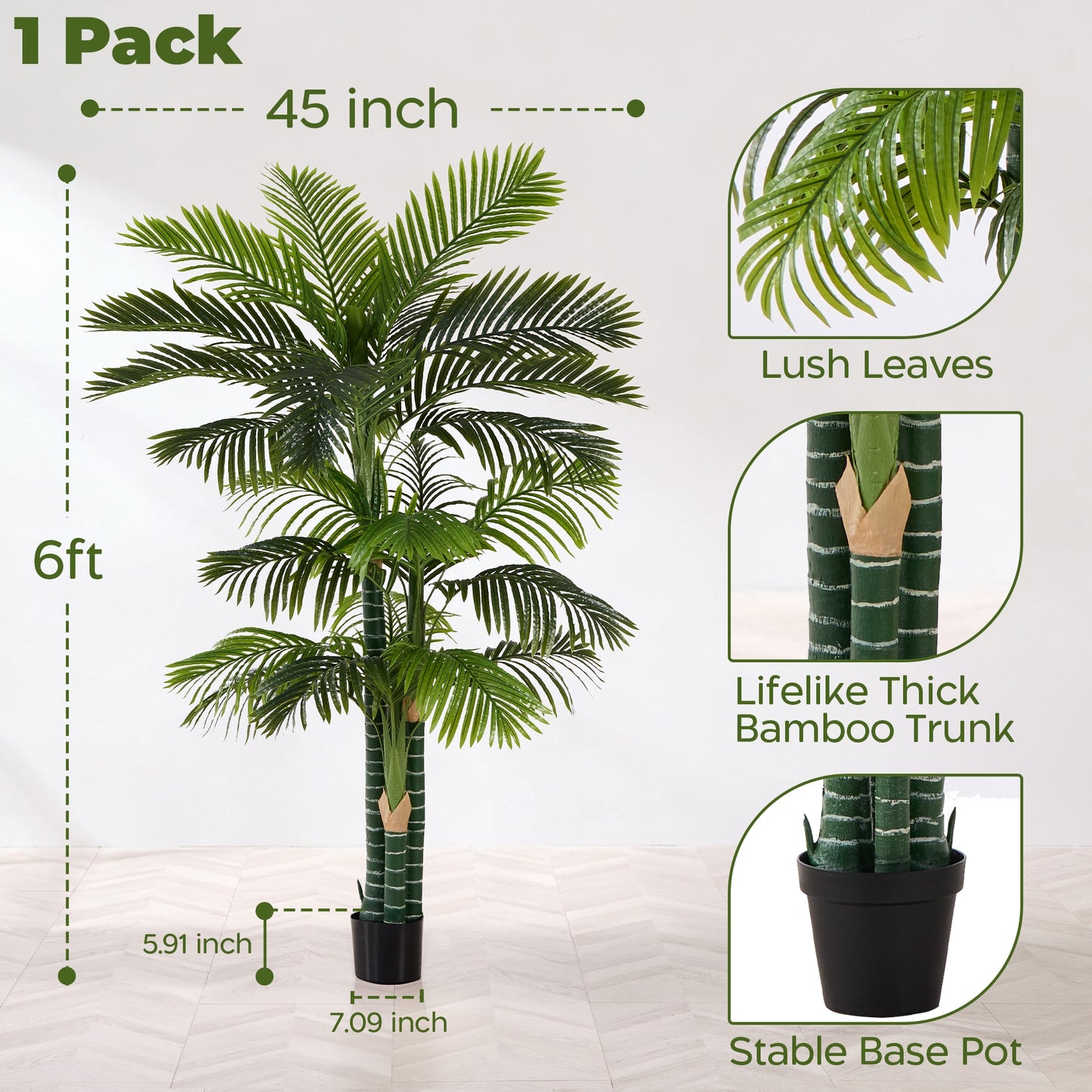 6FT Artificial Golden Cane Palm Tree, UV Resistant Fake Plant for Indoor Outdoor, 3-Trunk Faux Tree in Cement Pot for Patio, Living Room, Office Tropical Decor
