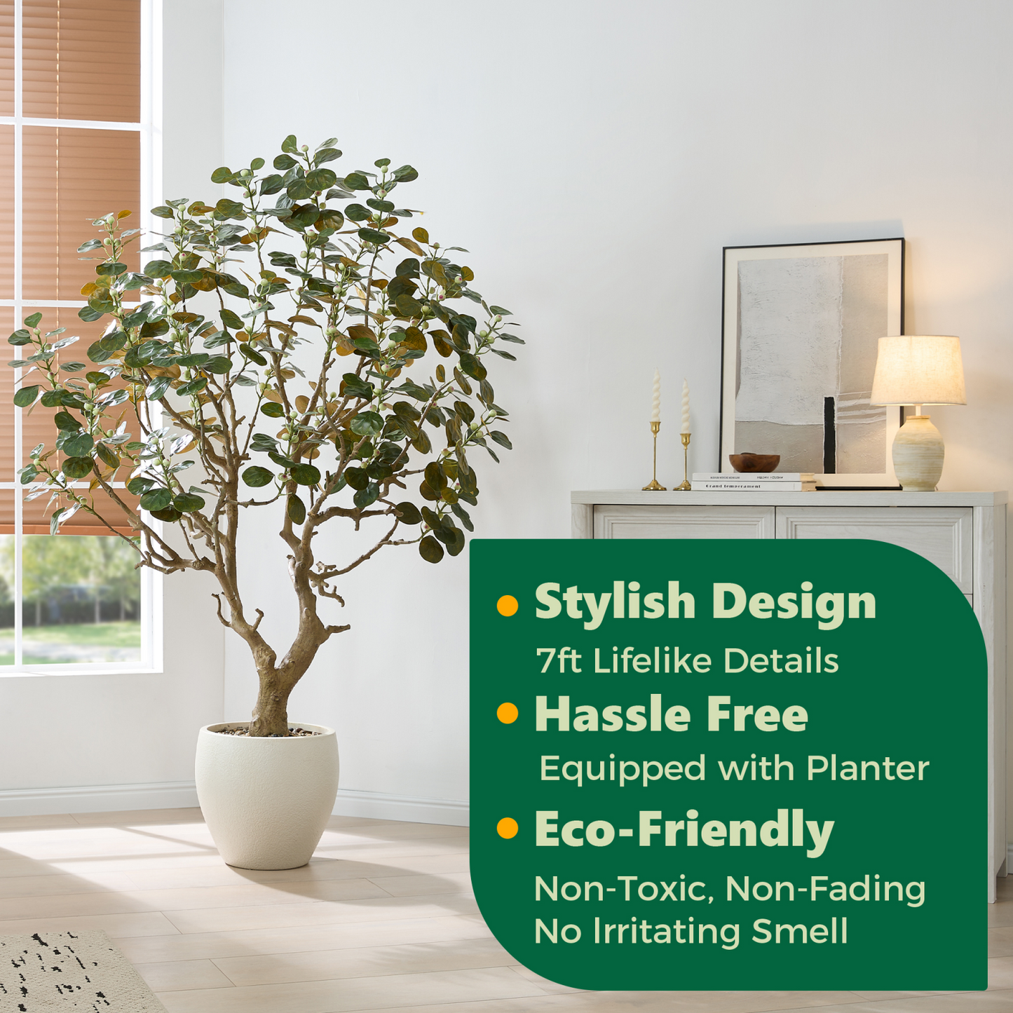 7 Feet Artificial Tree with Planter, Faux Bodhi Tree, Ficus Deltoidea, Large Fake Trees for Home, Office Decor, Realistic Potted Silk Indoor Plants