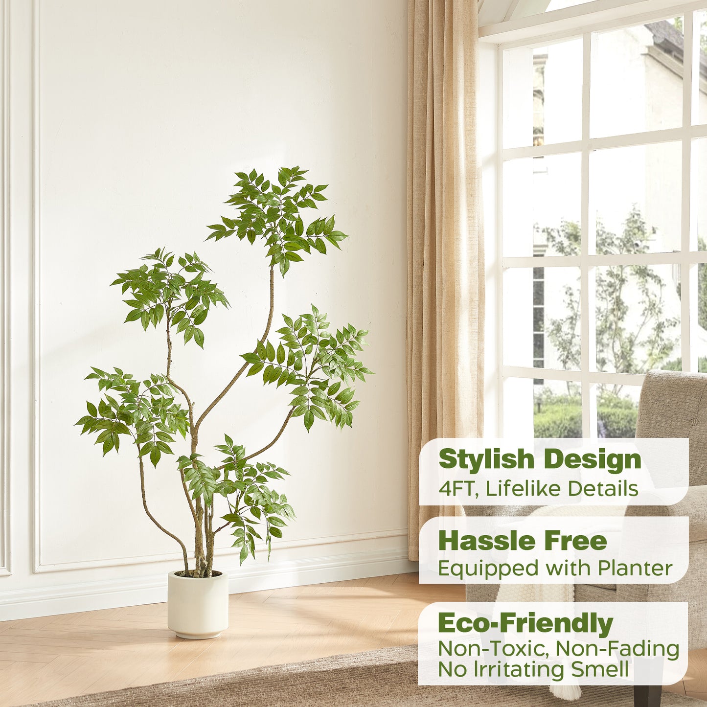 4-feet Artificial Tree in White Pot, Sumac Tree, Real Touch Silk Faux Plants, Fake Trees for Indoor Decor