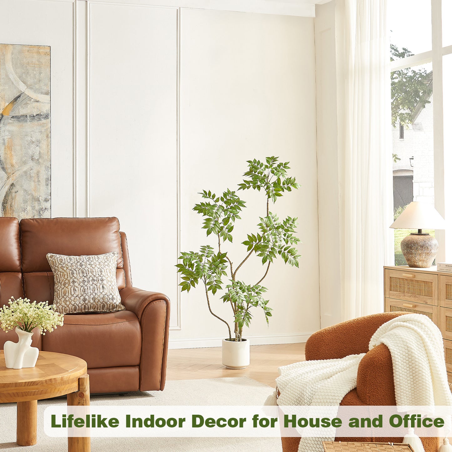 4-feet Artificial Tree in White Pot, Sumac Tree, Real Touch Silk Faux Plants, Fake Trees for Indoor Decor