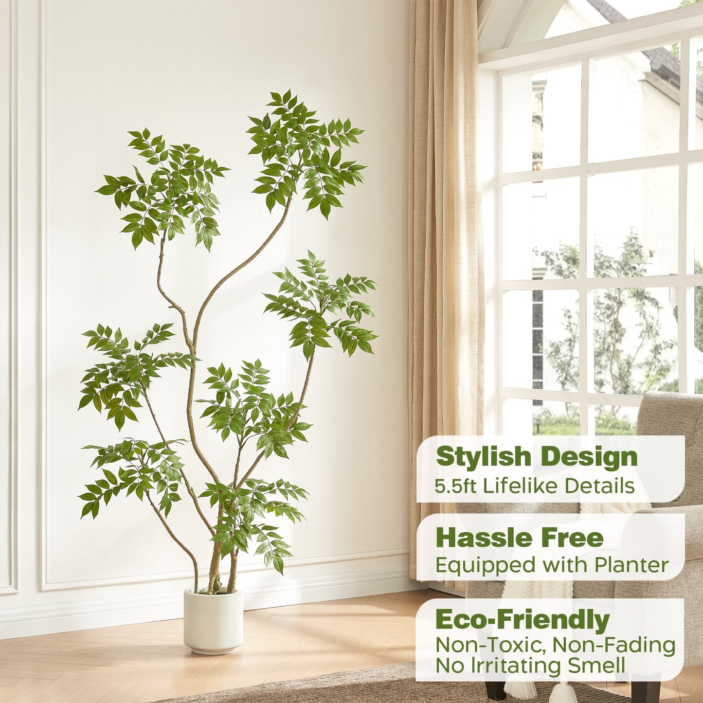 5.5-feet Artificial Tree in White Pot, Sumac Tree, Real Touch Silk Faux Plants, 66-inch Fake Trees for Indoor Decor