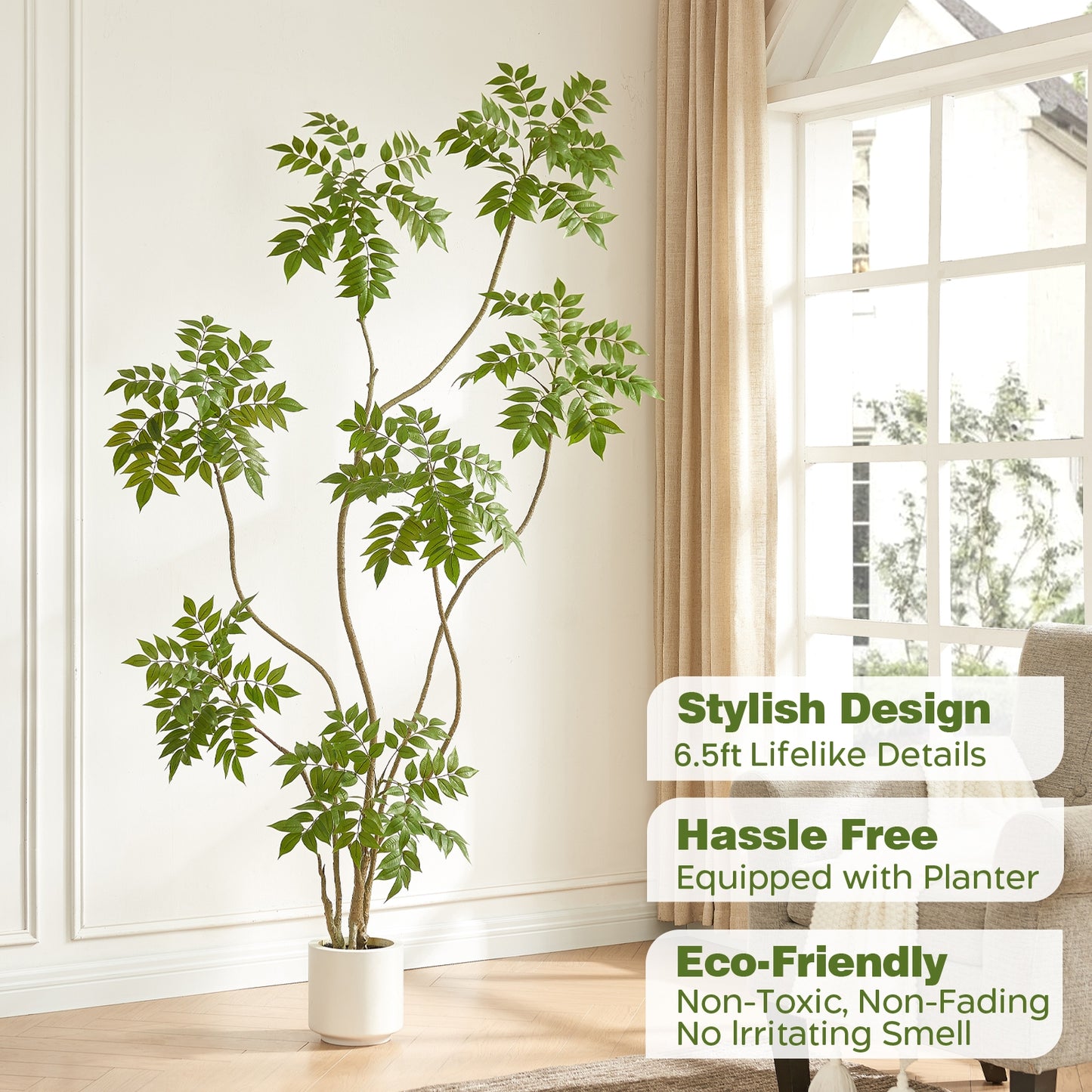 6.5 feet Artificial Sumac Tree with White Pot, Tall Faux Plants Indoor, Large Fake Tree for Home, Office, Living Room, Patio, Lobby Decor