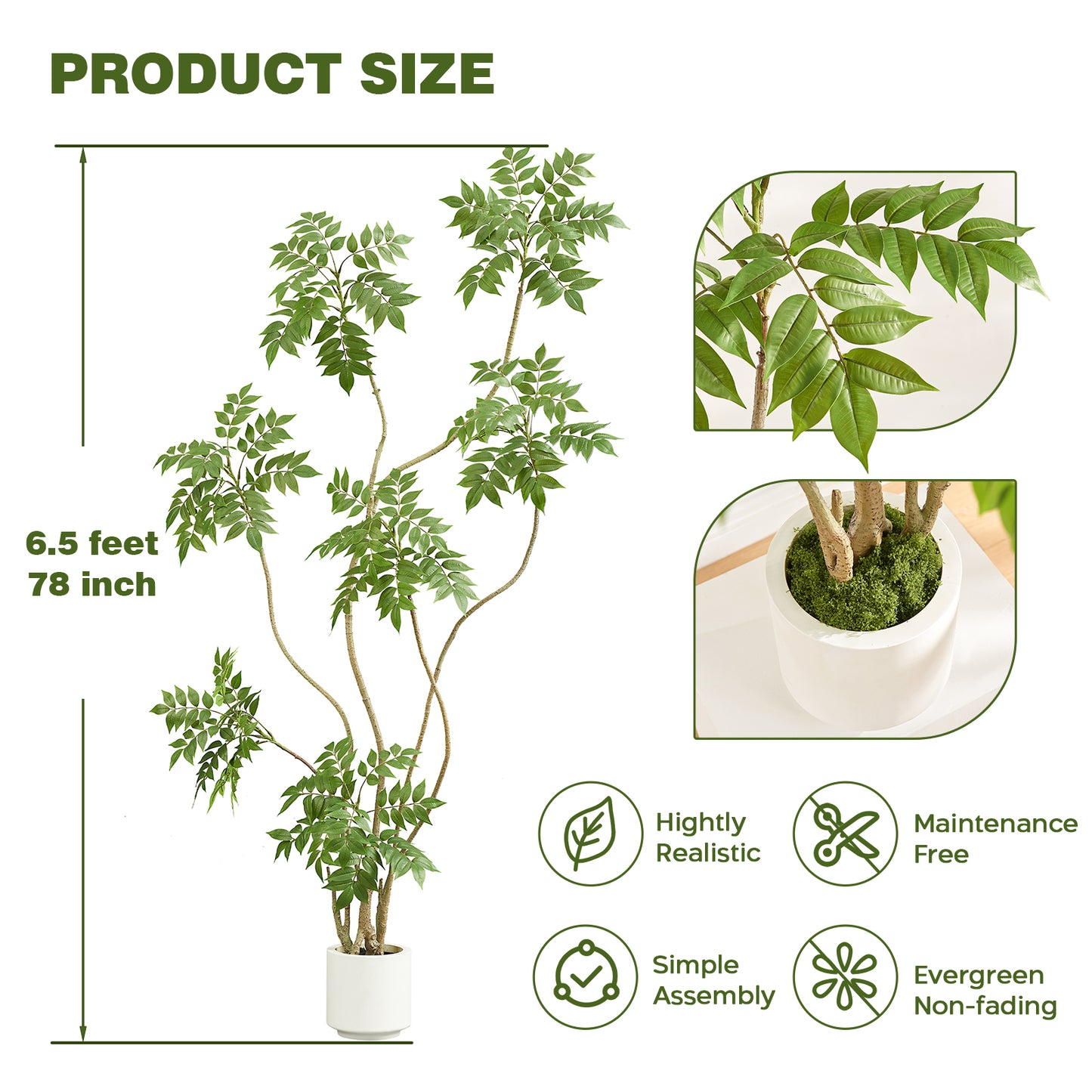 6.5 feet Artificial Sumac Tree with White Pot, Tall Faux Plants Indoor, Large Fake Tree for Home, Office, Living Room, Patio, Lobby Decor