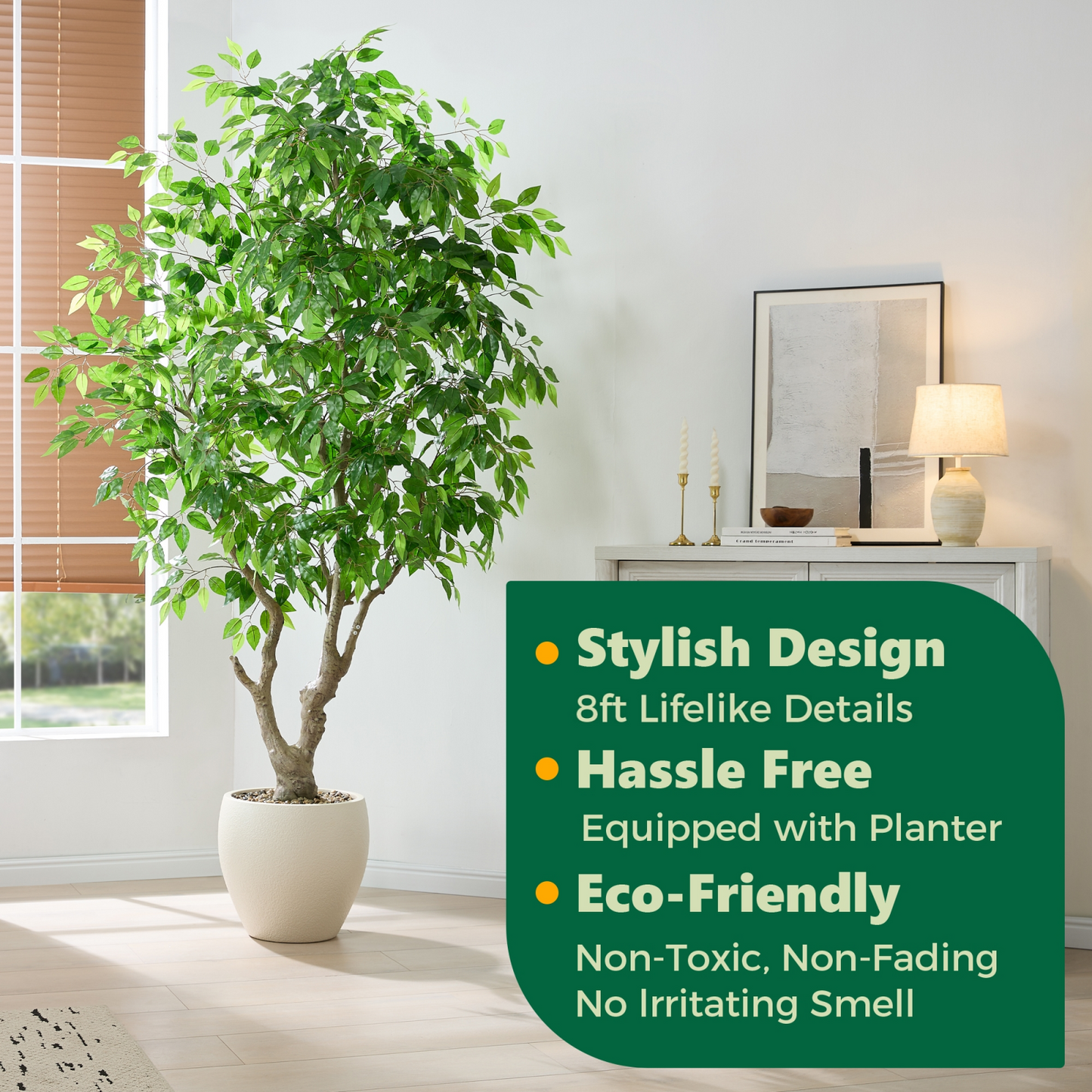 FloraFairy 8 Feet Artificial Banyan Tree, Tall Faux Trees with Planter, Ficus Microcarpa, Large Fake Plants for Indoor Decor