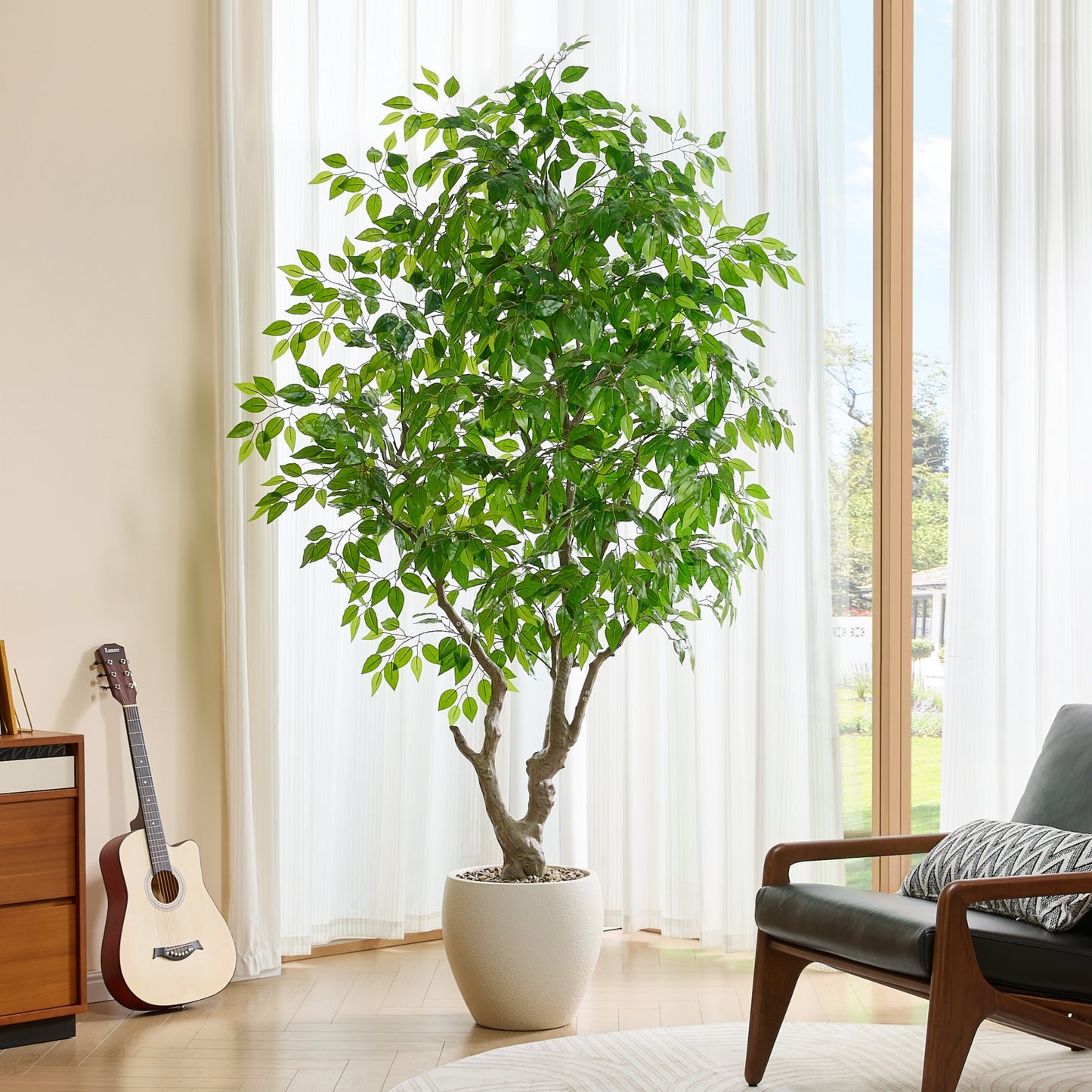 FloraFairy 8 Feet Artificial Banyan Tree, Tall Faux Trees with Planter, Ficus Microcarpa, Large Fake Plants for Indoor Decor