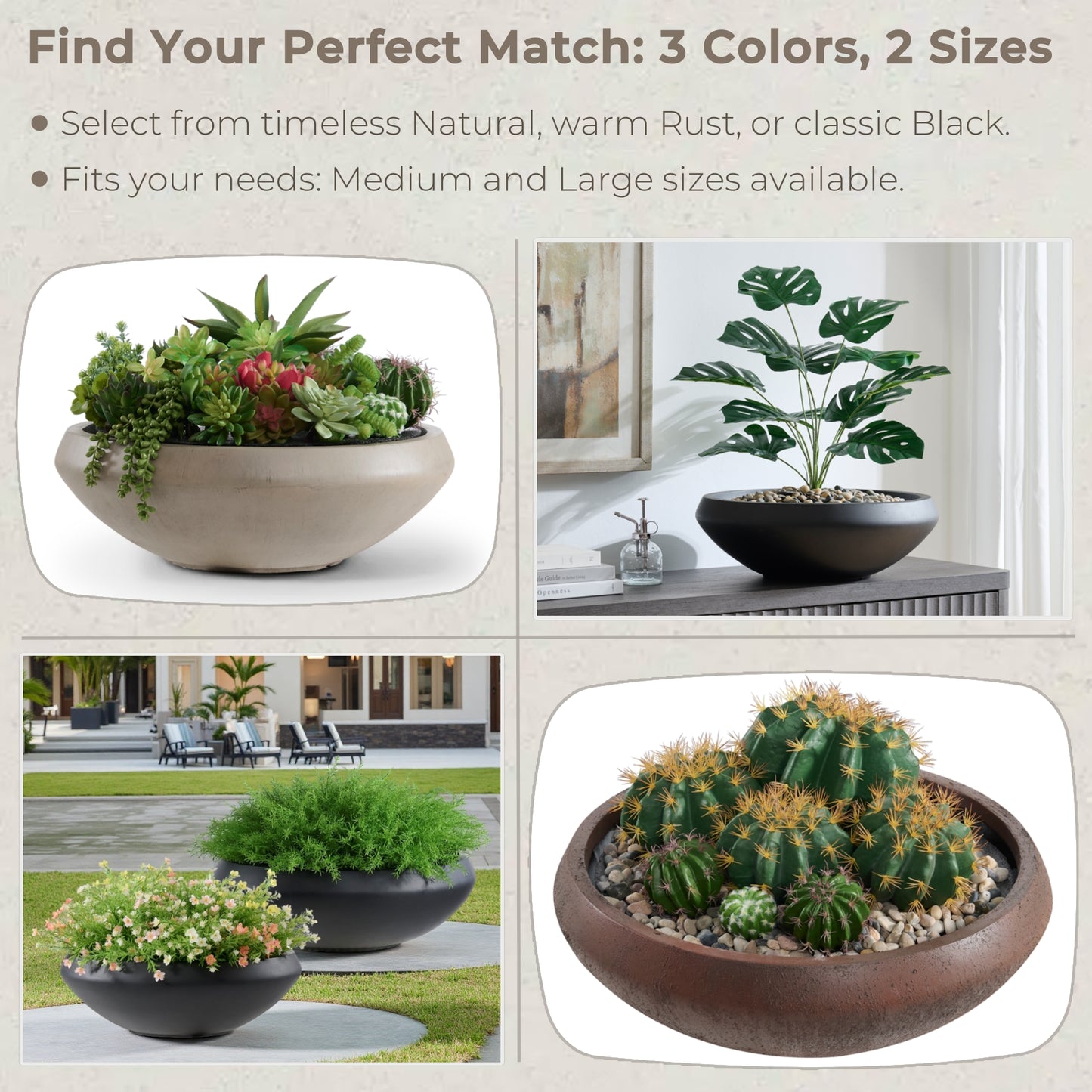 Concrete Bowl Planter, 18.9-Inch Dia with Drain Hole, 6.4-Inch Height Shallow Lotus Planter, 16.7-Inch Opening, Large Outdoor Flowerpot