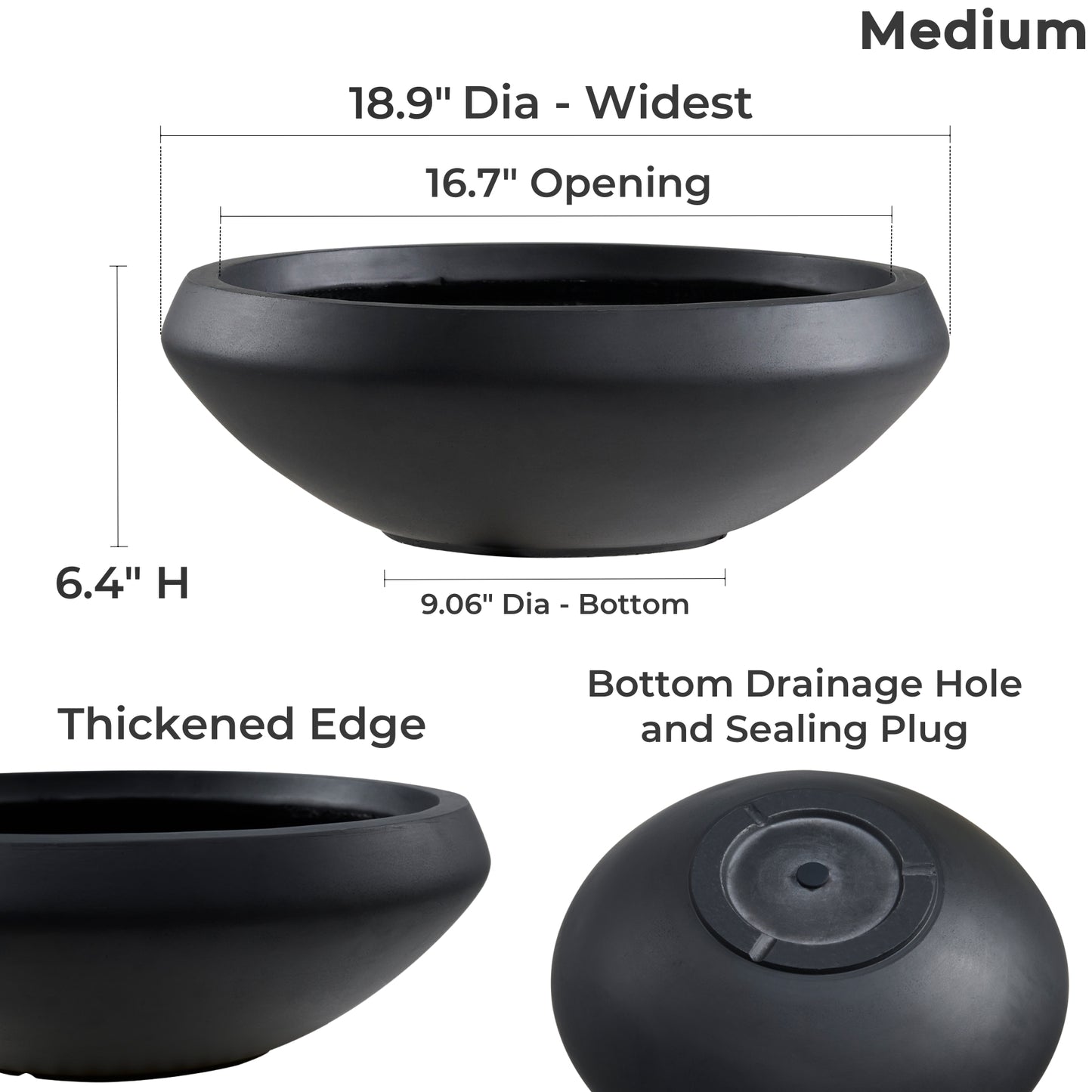 18.9-Inch Concrete Bowl Planter with Drain Hole, Large Outdoor Planters, 16.7-Inch Opening, 6.4-Inch Height