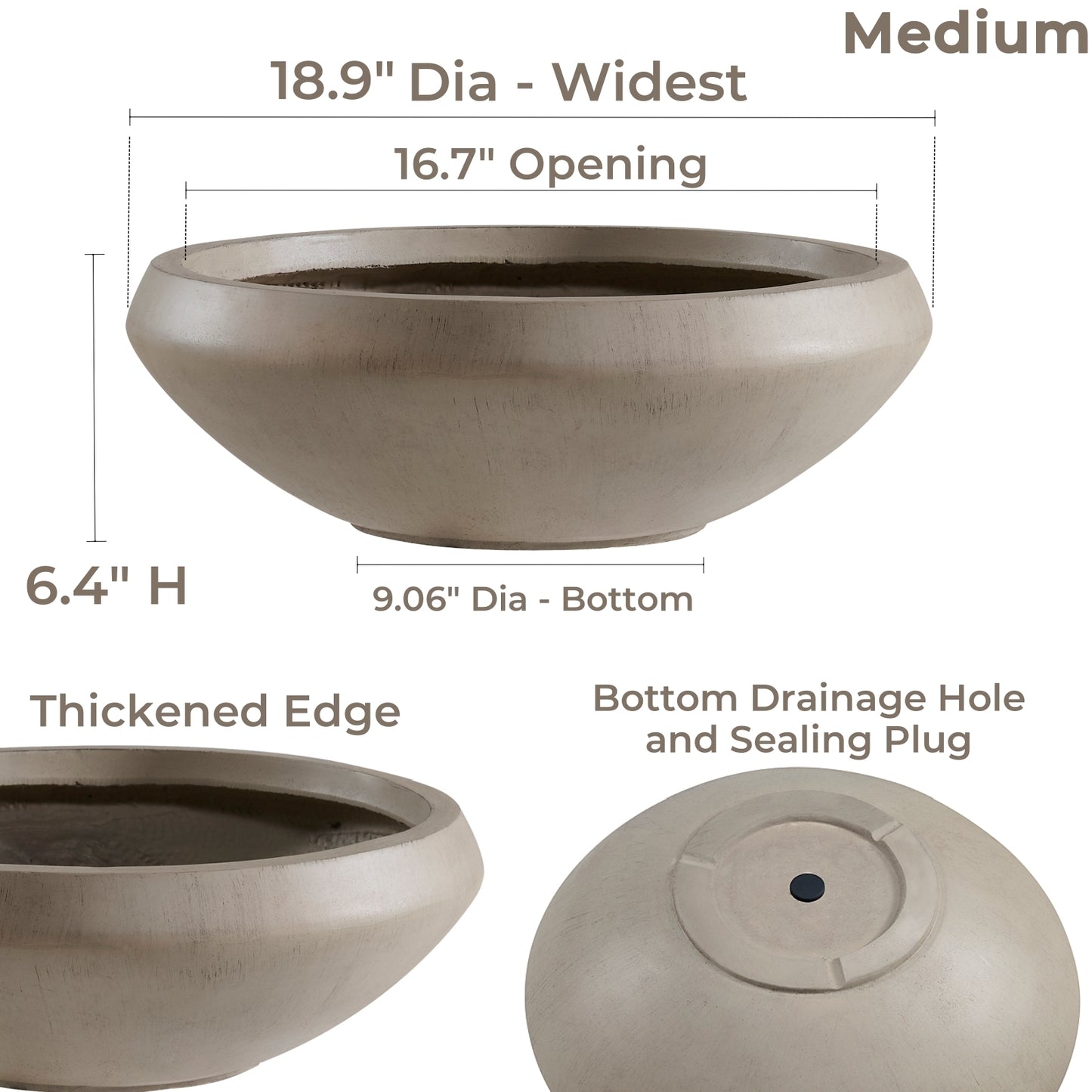 Concrete Bowl Planter, 18.9-Inch Dia with Drain Hole, 6.4-Inch Height Shallow Lotus Planter, 16.7-Inch Opening, Large Outdoor Flowerpot