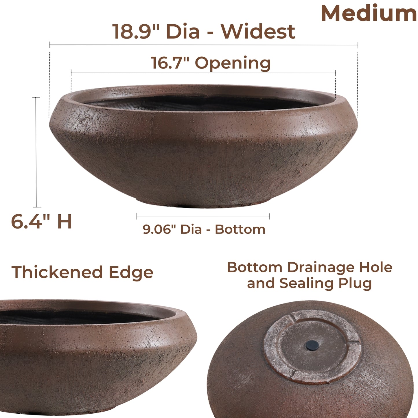 Concrete Bowl Planter, 18.9 Inch Dia Succulent Pot with Drain Hole, Lotus Planter 16.7-inch Opening, 6.4-Inche Height, Medium, Rust