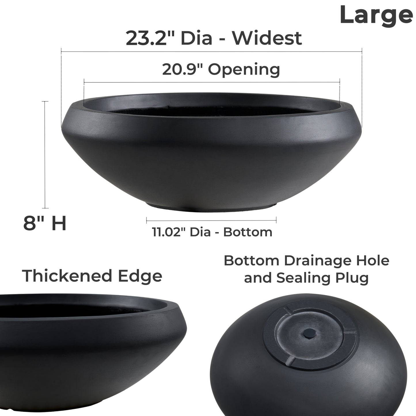 Concrete Bowl Planter, 23.2 Inch Dia x 8 Inch Height, Succulent Pot with Drain Hole, 21-inch Opening Flowerpot for Herbs, Bonsai, and Shallow-root Plants, Large, Black