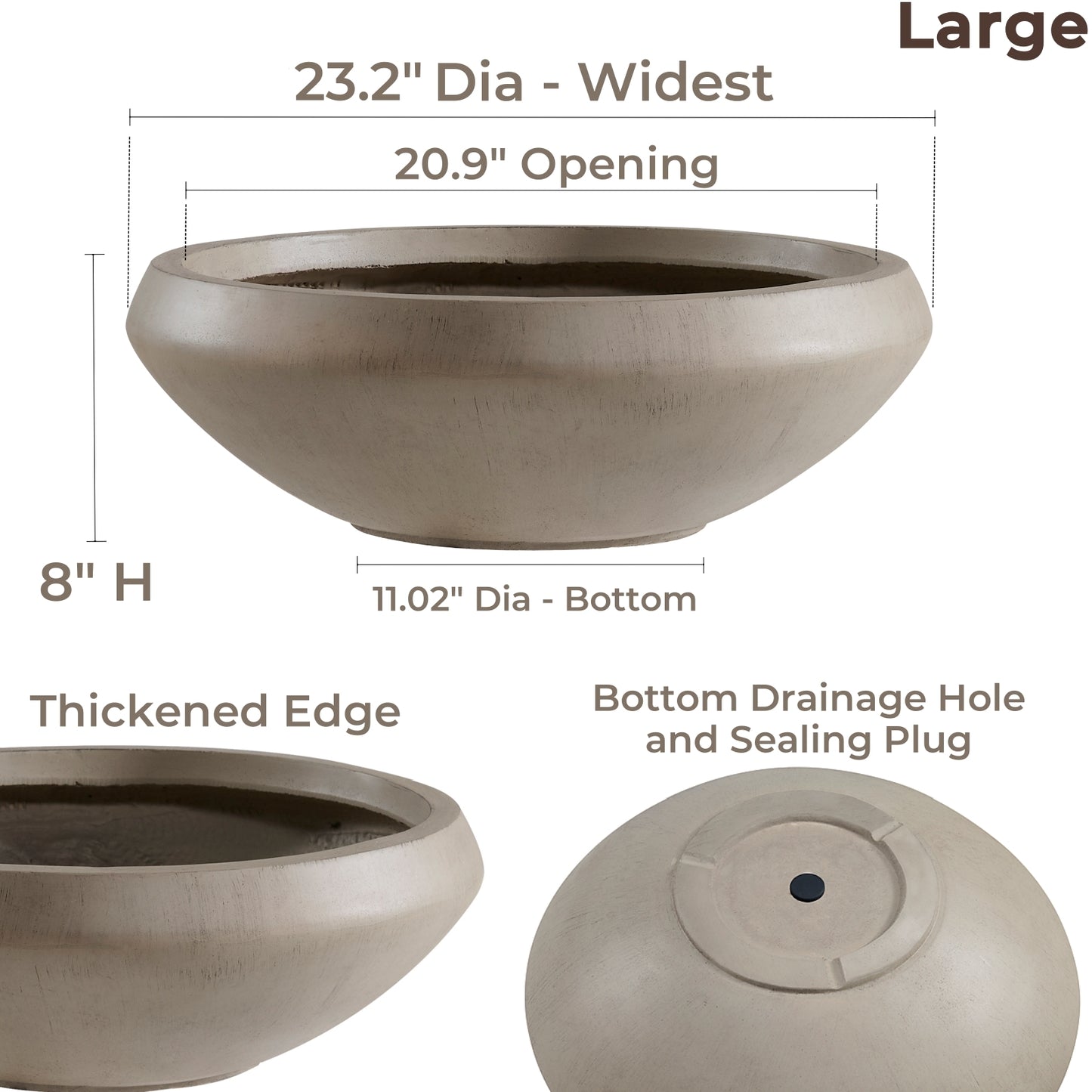 Concrete Bowl Planter, 23.2 Inch Dia x 8 Inch Height, Succulent Pot with Drain Hole, 21-inch Opening Flowerpot for Herbs, Bonsai, and Shallow-root Plants, Large, Natural Color