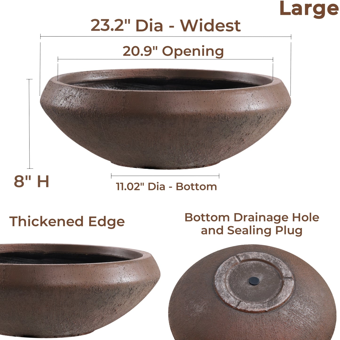Concrete Bowl Planter, 23.2 Inch Dia x 8 Inch Height, Succulent Pot with Drain Hole, 21-inch Opening Flowerpot for Herbs, Bonsai, and Shallow-root Plants, Large Size, Rust