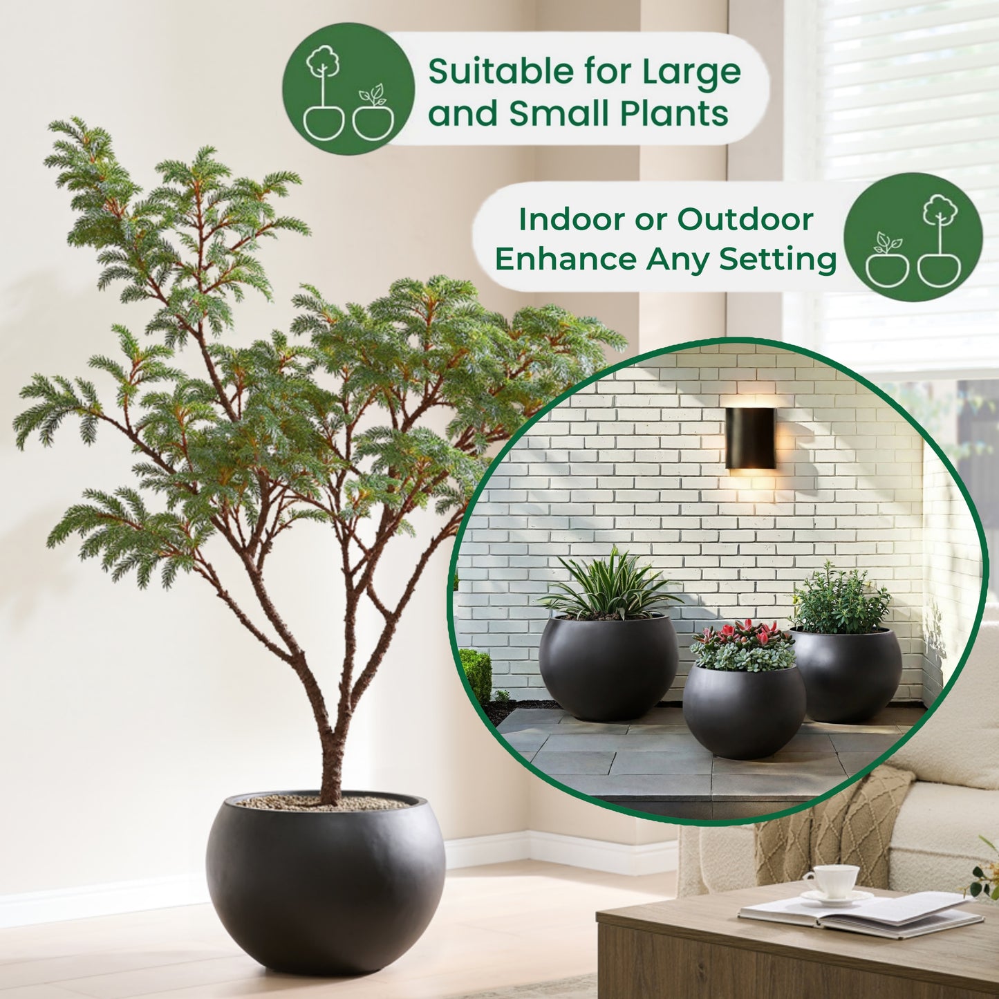 21.3" D x 14.8" H Fiberstone Extra Large Planter, Black, 16.6" Pot Opening, Sphere Flower Pot with Drainage Hole, Weather Resistance Indoor/Outdoor Planters